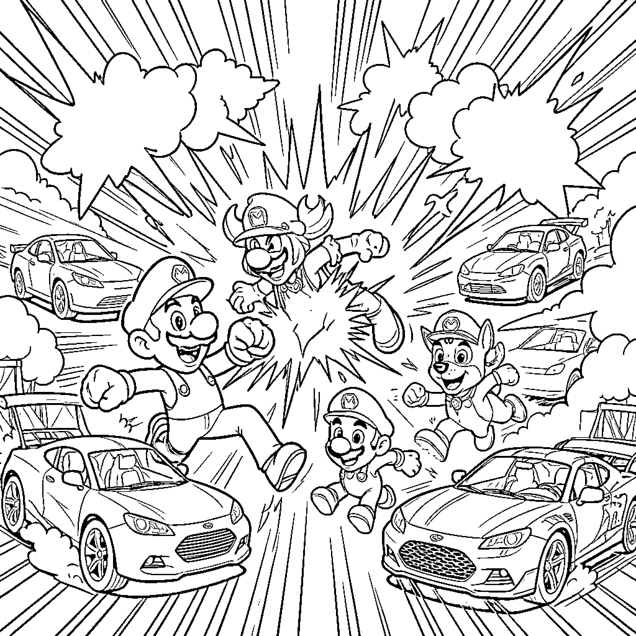 Flash Mac Queen: Animated Characters in Explosive Action Coloring Page (free black-and-white line drawing printable PDF for all, from beginners to advanced learners, including children, teens, adults, and seniors)