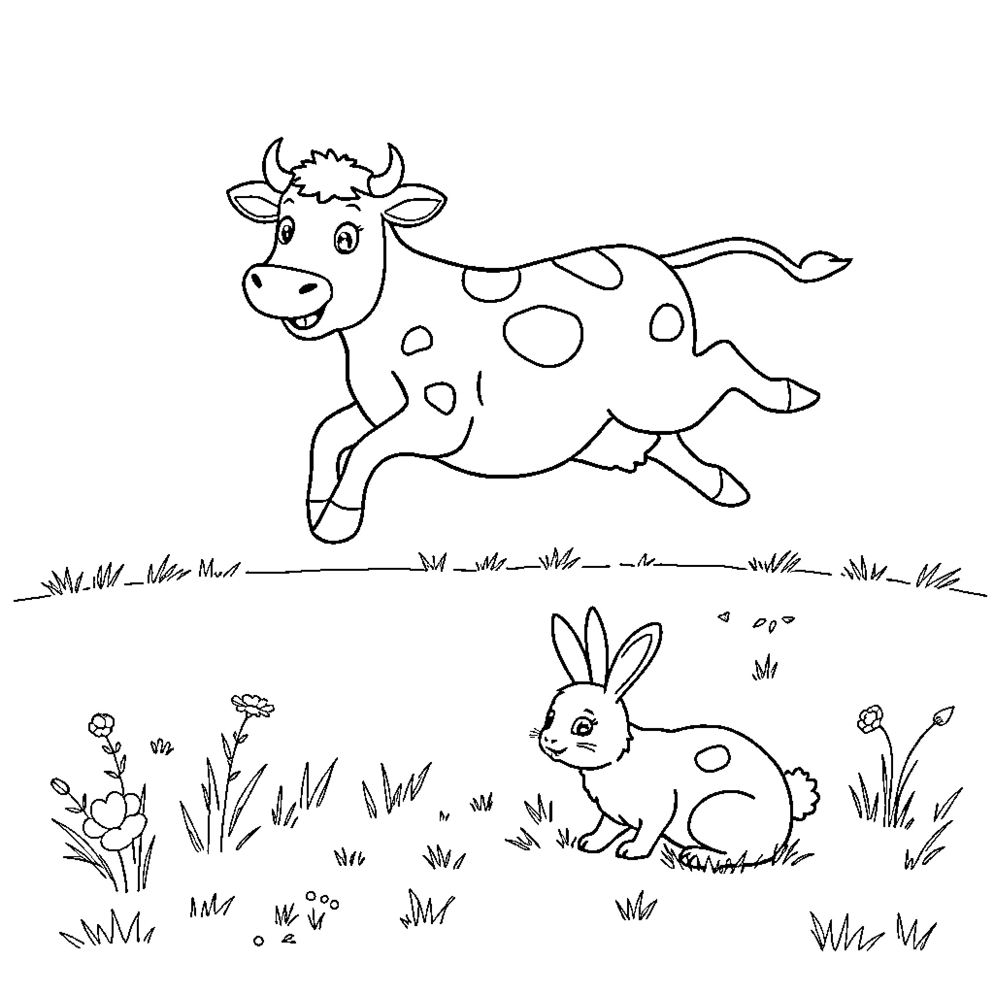 Cow running playfully through the field with a rabbit Coloring Page (free black-and-white line drawing printable PDF for all, from beginners to advanced learners, including children, teens, adults, and seniors)