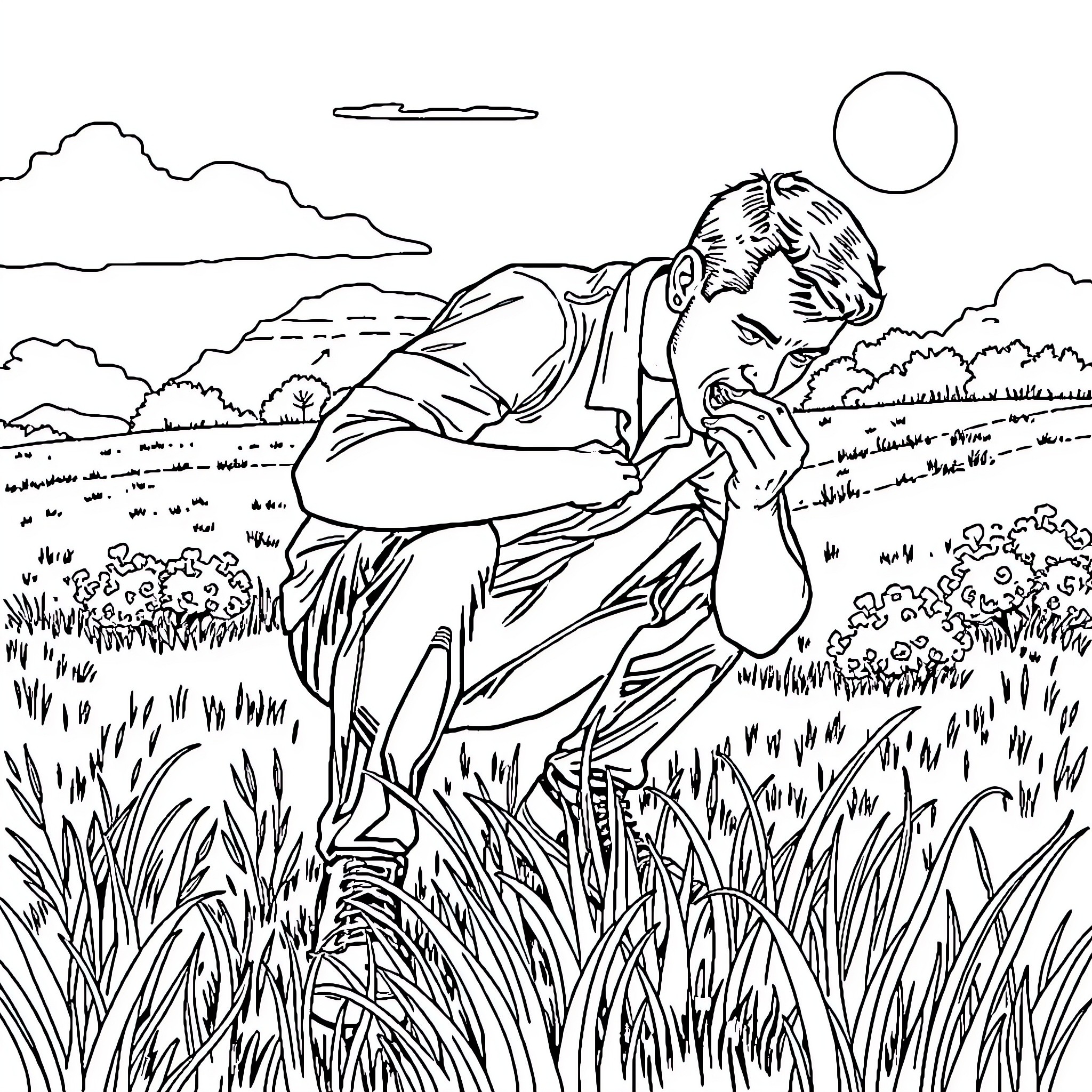 Man relaxing peacefully in the countryside Coloring Page (free black-and-white line drawing printable PDF for all, from beginners to advanced learners, including children, teens, adults, and seniors)