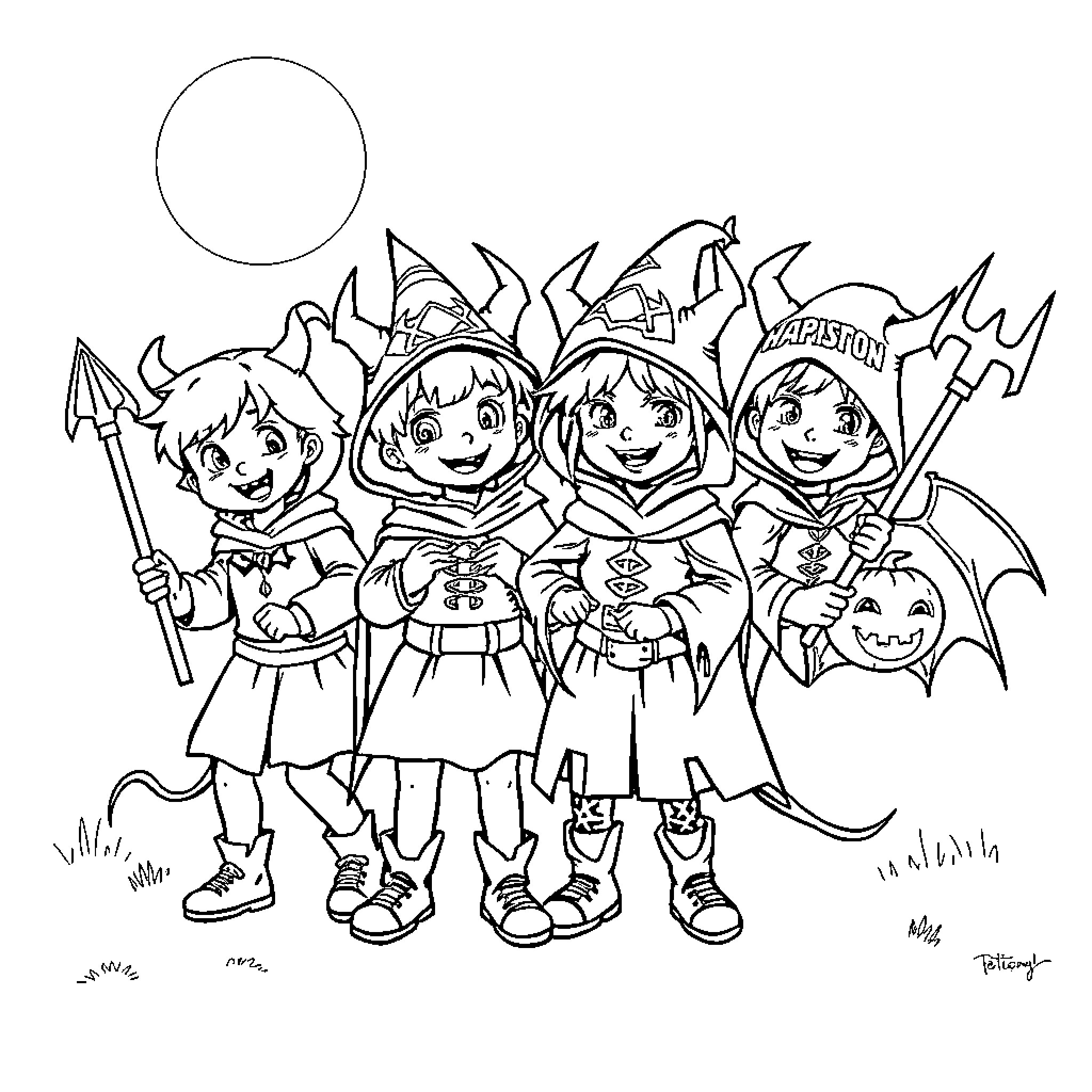 Demon Hunter Kids Explore the Enchanted Forest Coloring Page (free black-and-white line drawing printable PDF for all, from beginners to advanced learners, including children, teens, adults, and seniors)