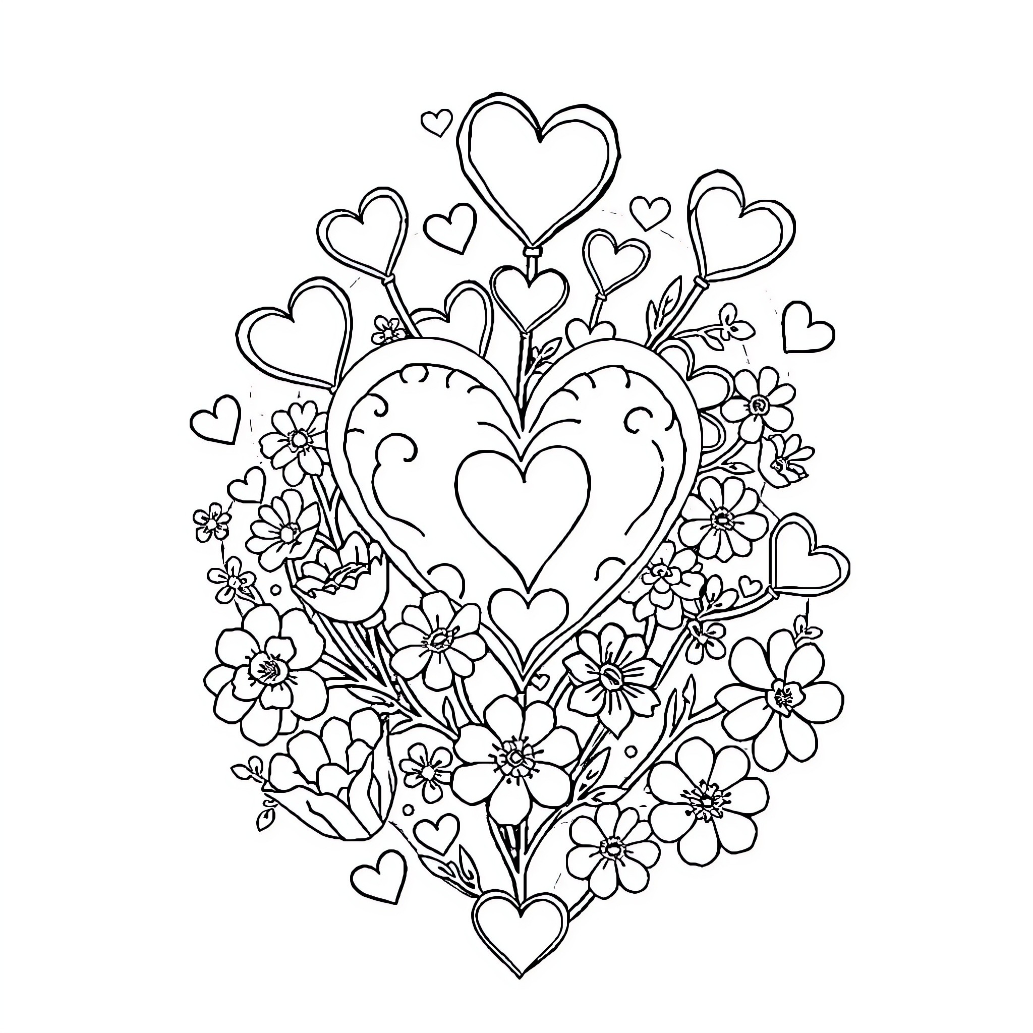 Valentine's Day Floral Hearts and Flowers Coloring Page (free black-and-white line drawing printable PDF for all, from beginners to advanced learners, including children, teens, adults, and seniors)