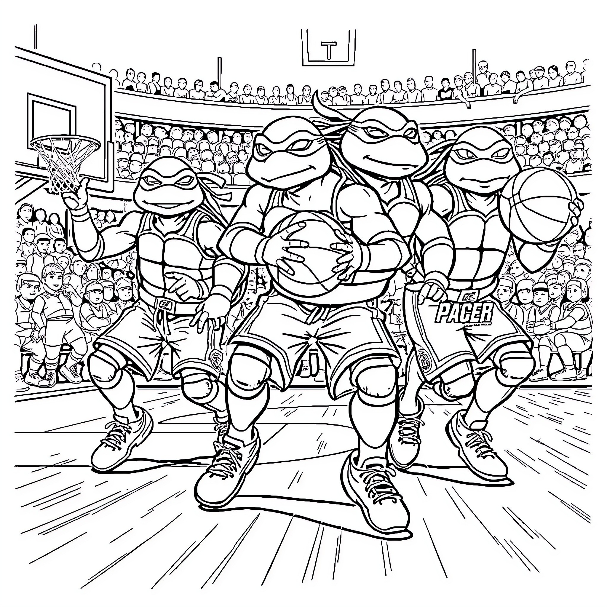 Teenage Mutant Ninja Turtles Basketball Game Action Coloring Page (free black-and-white line drawing printable PDF for all, from beginners to advanced learners, including children, teens, adults, and seniors)