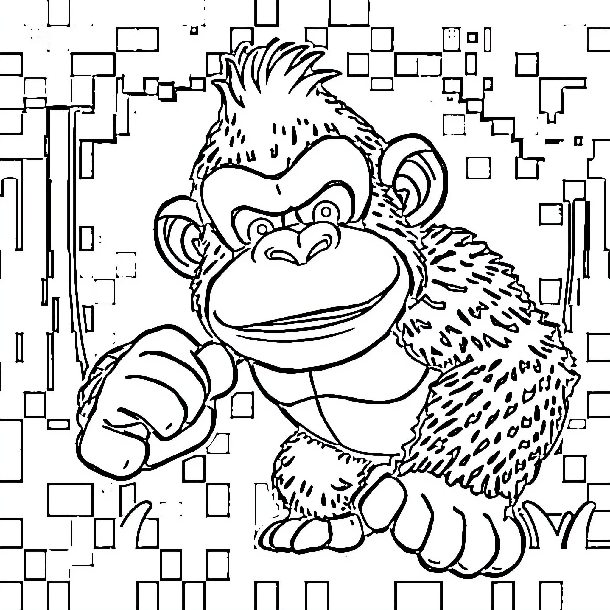 Donkey Kong punching through digital pixelated background Coloring Page (free black-and-white line drawing printable PDF for all, from beginners to advanced learners, including children, teens, adults, and seniors)