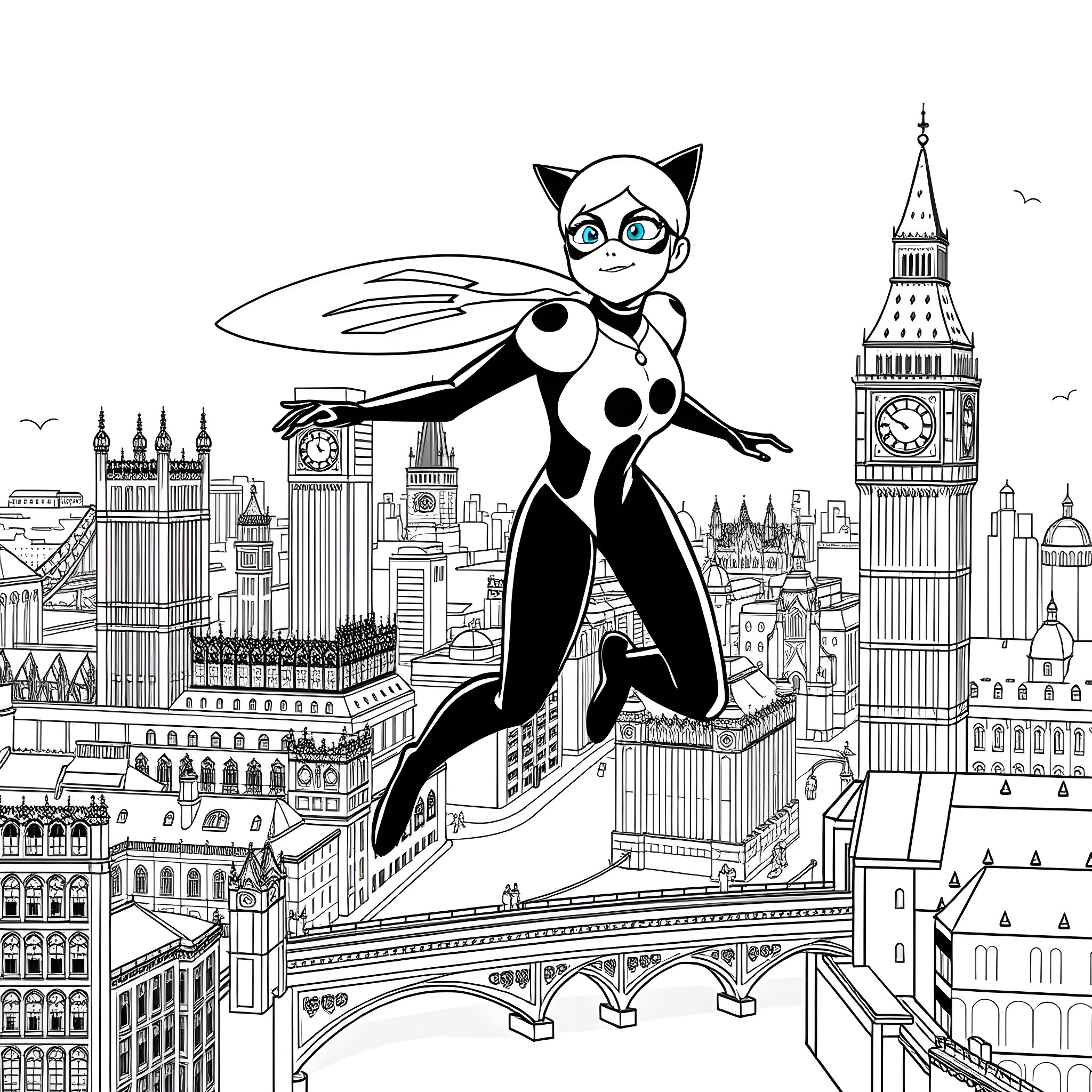 Ladybug superhero soaring over the city skyline Coloring Page (free black-and-white line drawing printable PDF for all, from beginners to advanced learners, including children, teens, adults, and seniors)