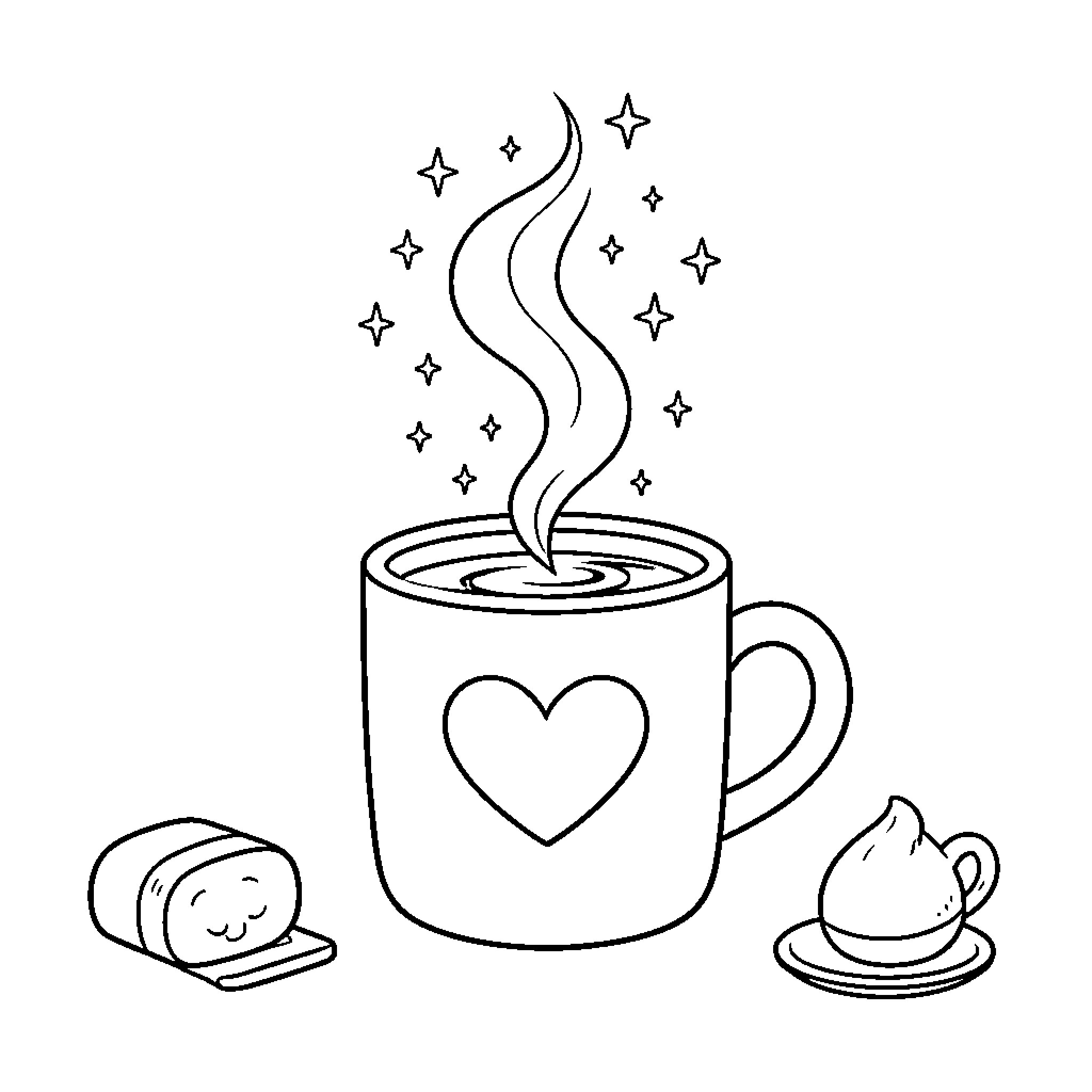 Mug of cozy beverage with marshmallows and stars Coloring Page (free black-and-white line drawing printable PDF for all, from beginners to advanced learners, including children, teens, adults, and seniors)