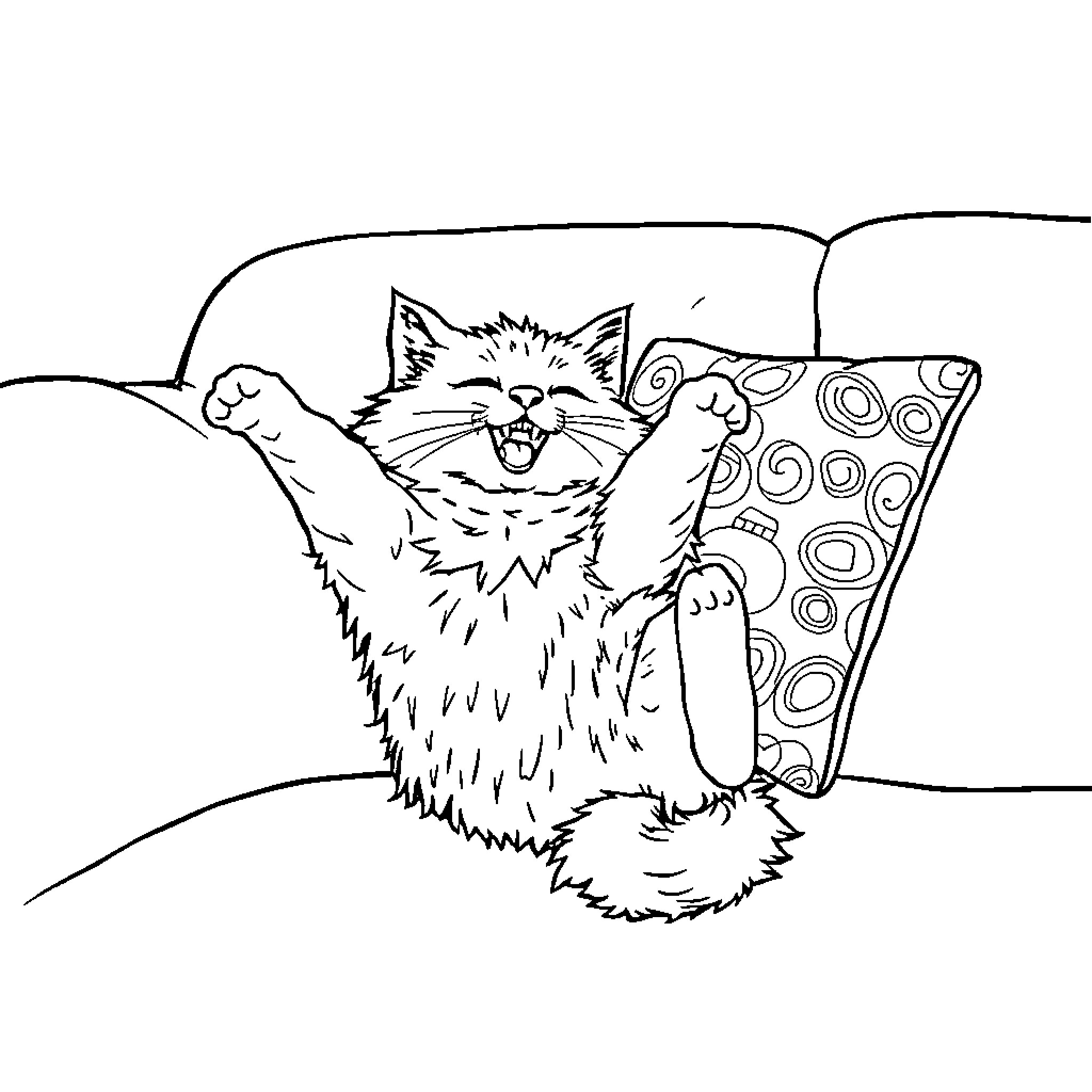 Cat resting happily on cozy pillow Coloring Page (free black-and-white line drawing printable PDF for all, from beginners to advanced learners, including children, teens, adults, and seniors)