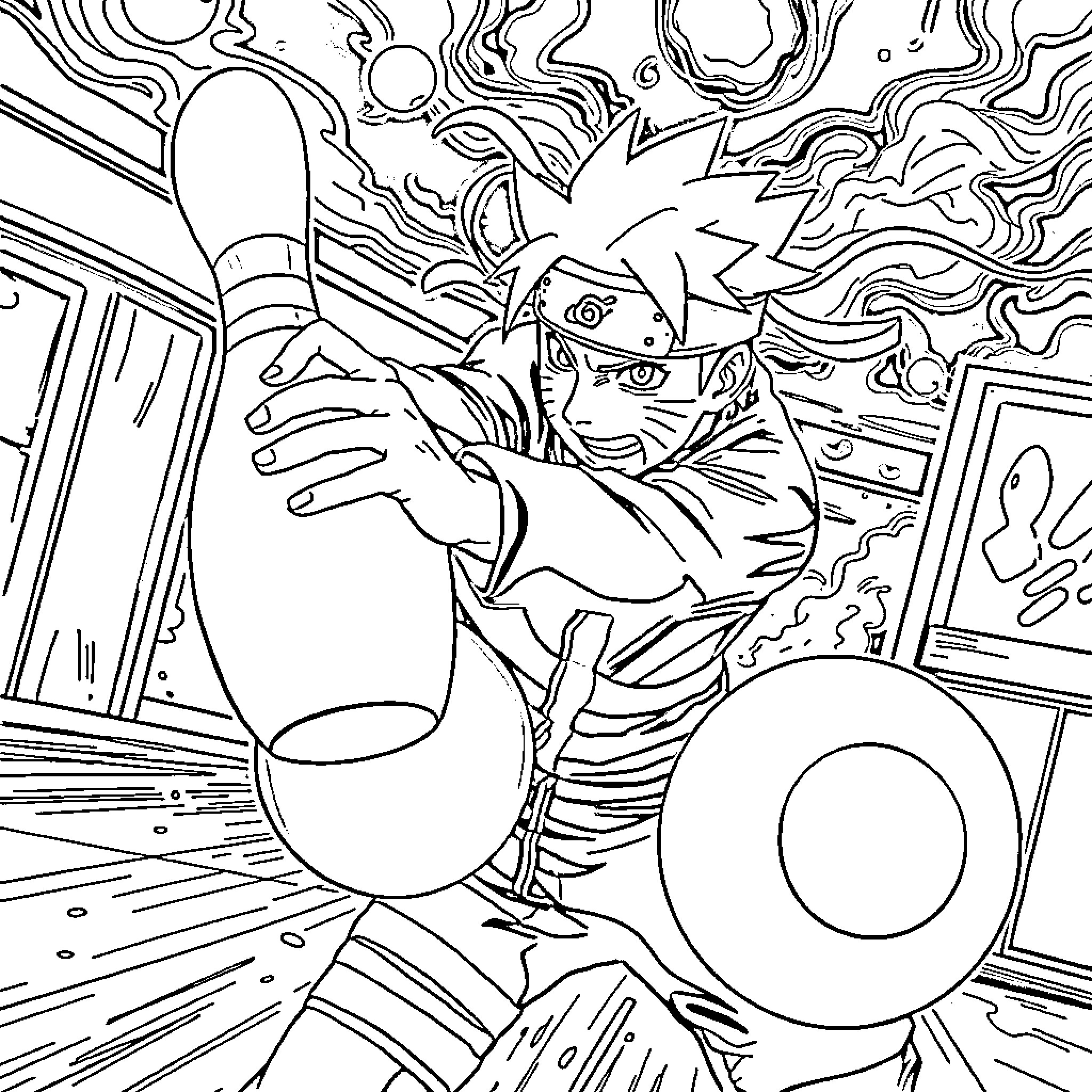 Naruto in Action-Packed Heroic Stance Coloring Page (free black-and-white line drawing printable PDF for all, from beginners to advanced learners, including children, teens, adults, and seniors)