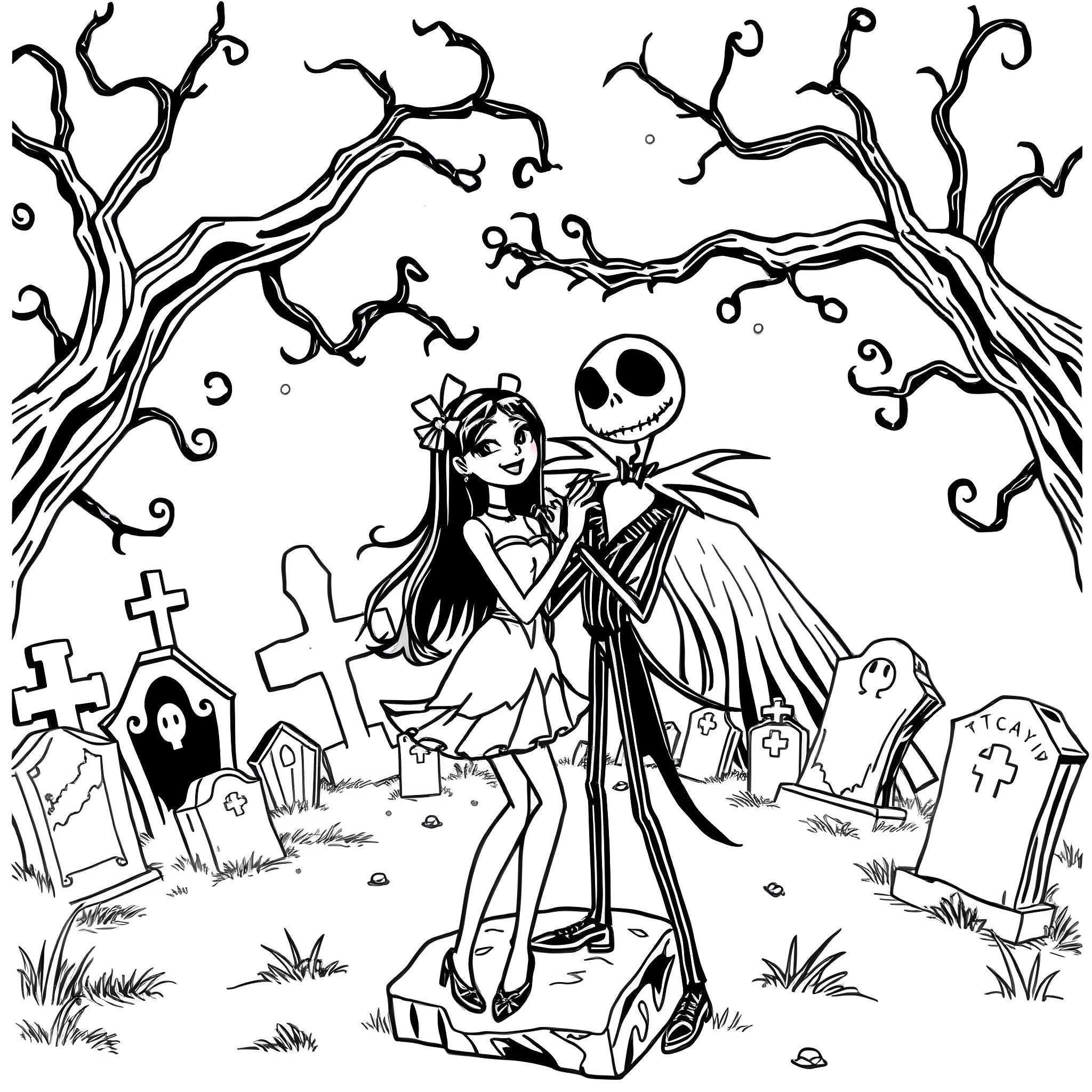 Kuromi and Jack Skellington in a Spooky Graveyard Coloring Page (free black-and-white line drawing printable PDF for all, from beginners to advanced learners, including children, teens, adults, and seniors)