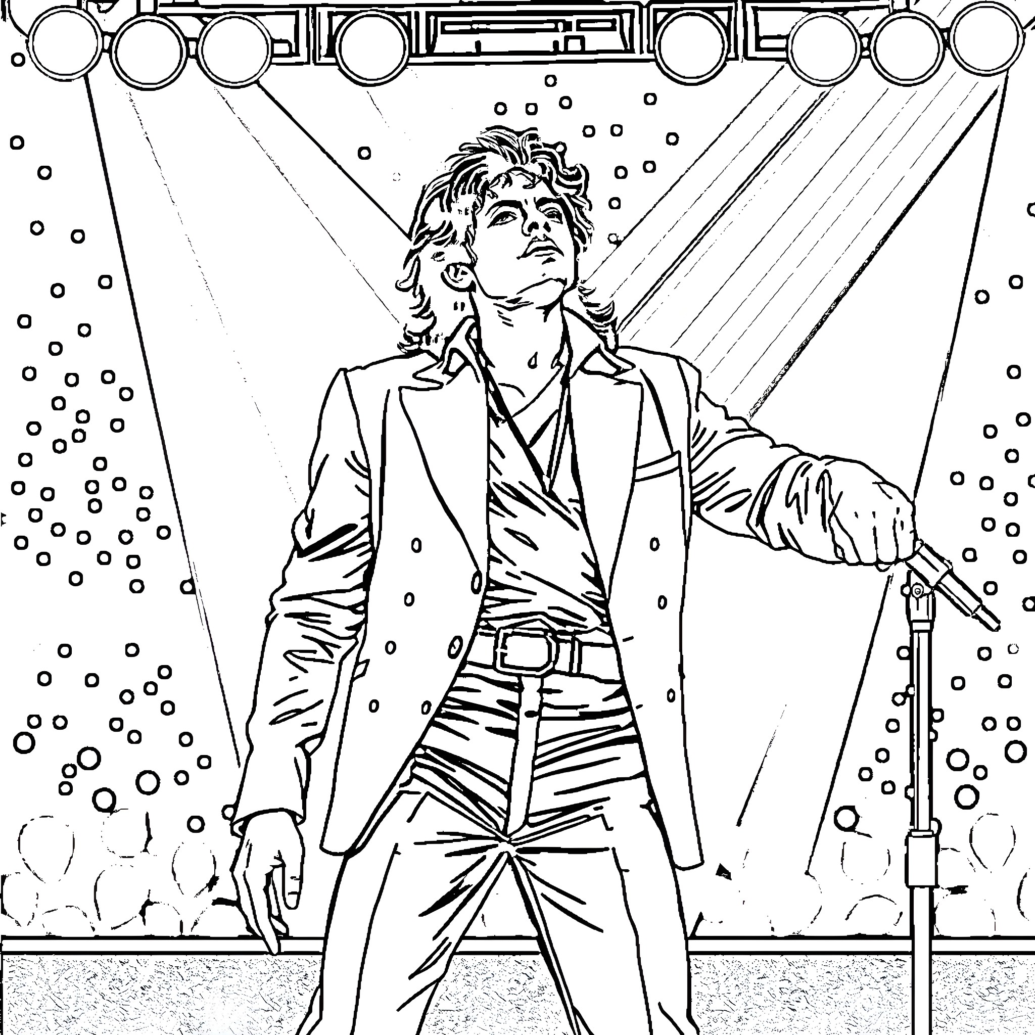 Michael Jackson Performing on Stage Coloring Page (free black-and-white line drawing printable PDF for all, from beginners to advanced learners, including children, teens, adults, and seniors)