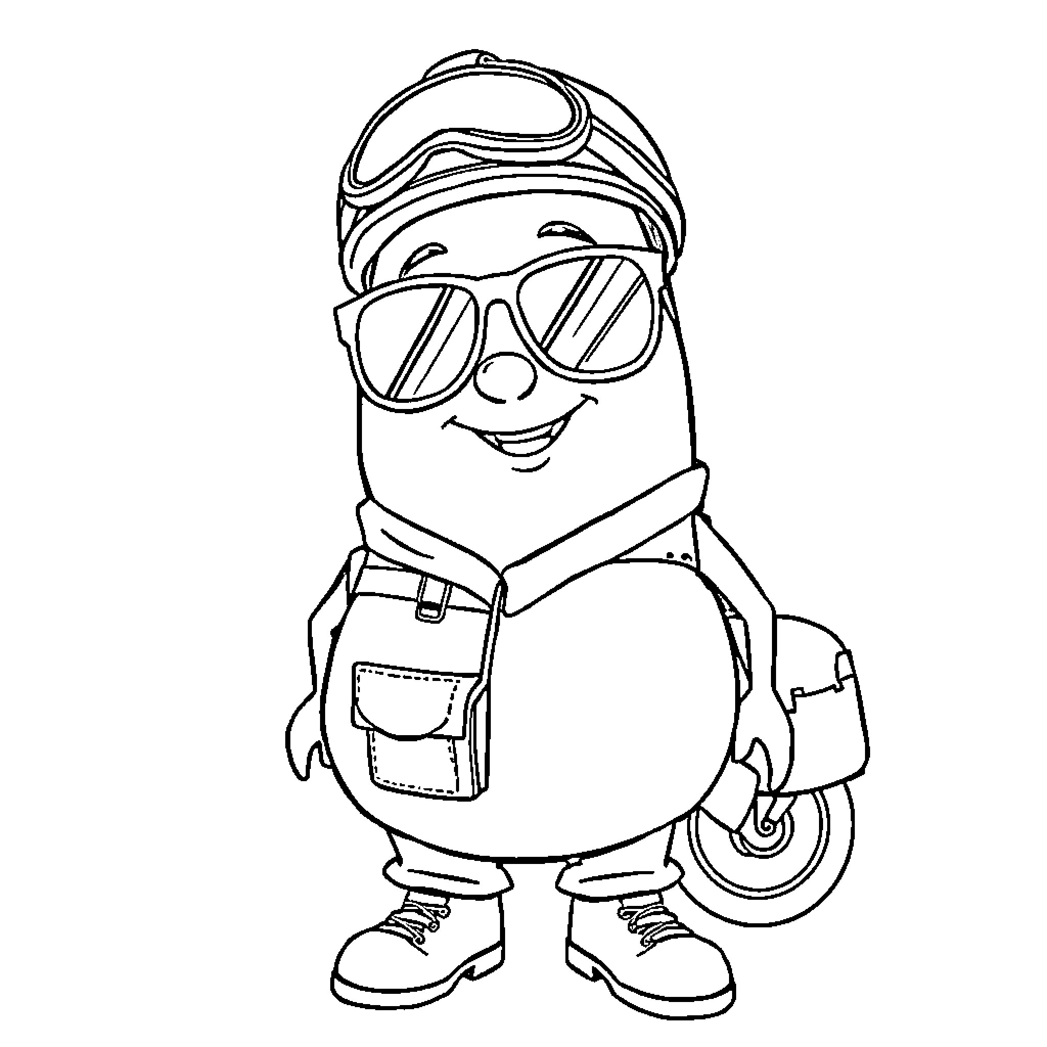 Potato character wearing sunglasses and backpack Coloring Page (free black-and-white line drawing printable PDF for all, from beginners to advanced learners, including children, teens, adults, and seniors)