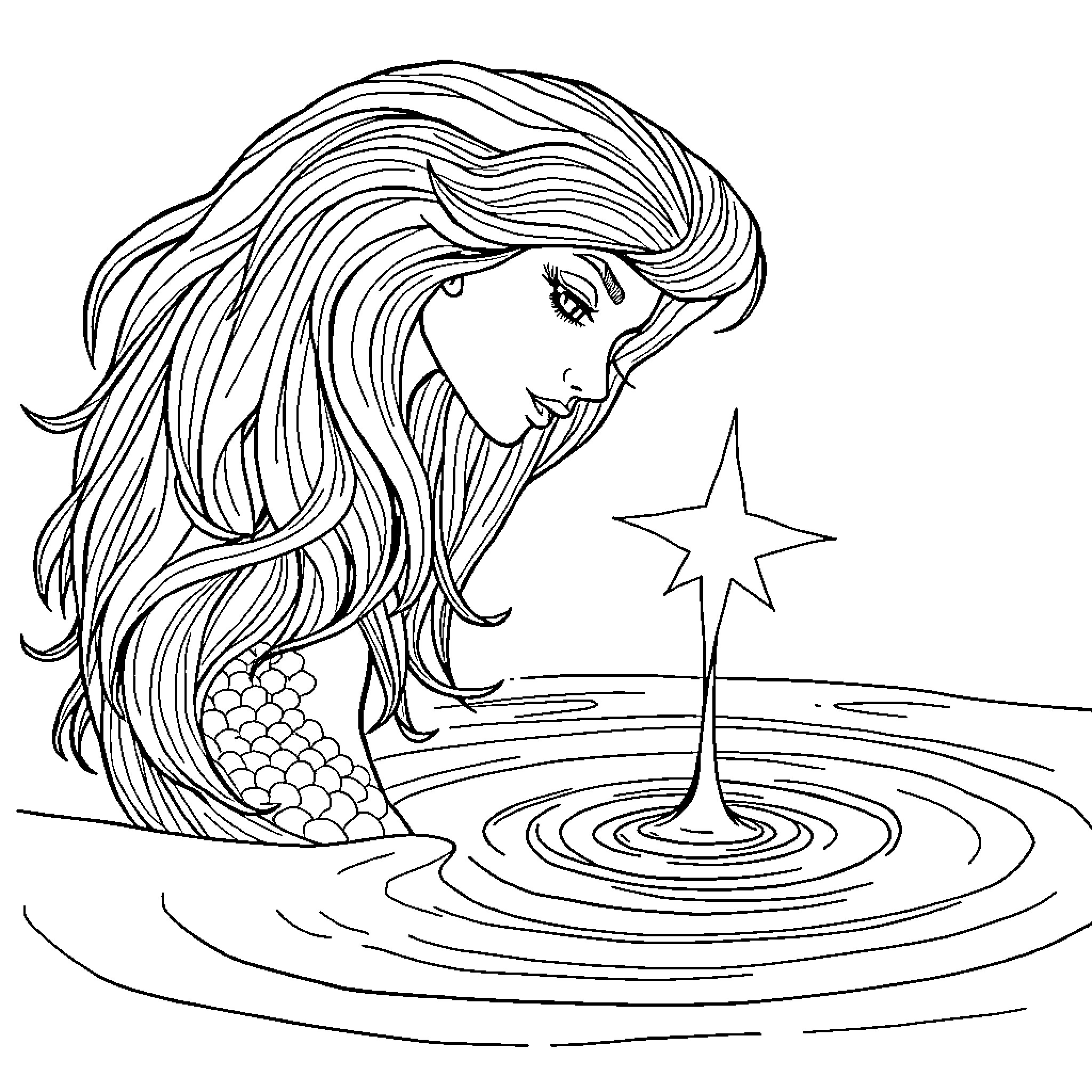 Mermaid's Enchanting Ocean Moment Coloring Page (free black-and-white line drawing printable PDF for all, from beginners to advanced learners, including children, teens, adults, and seniors)