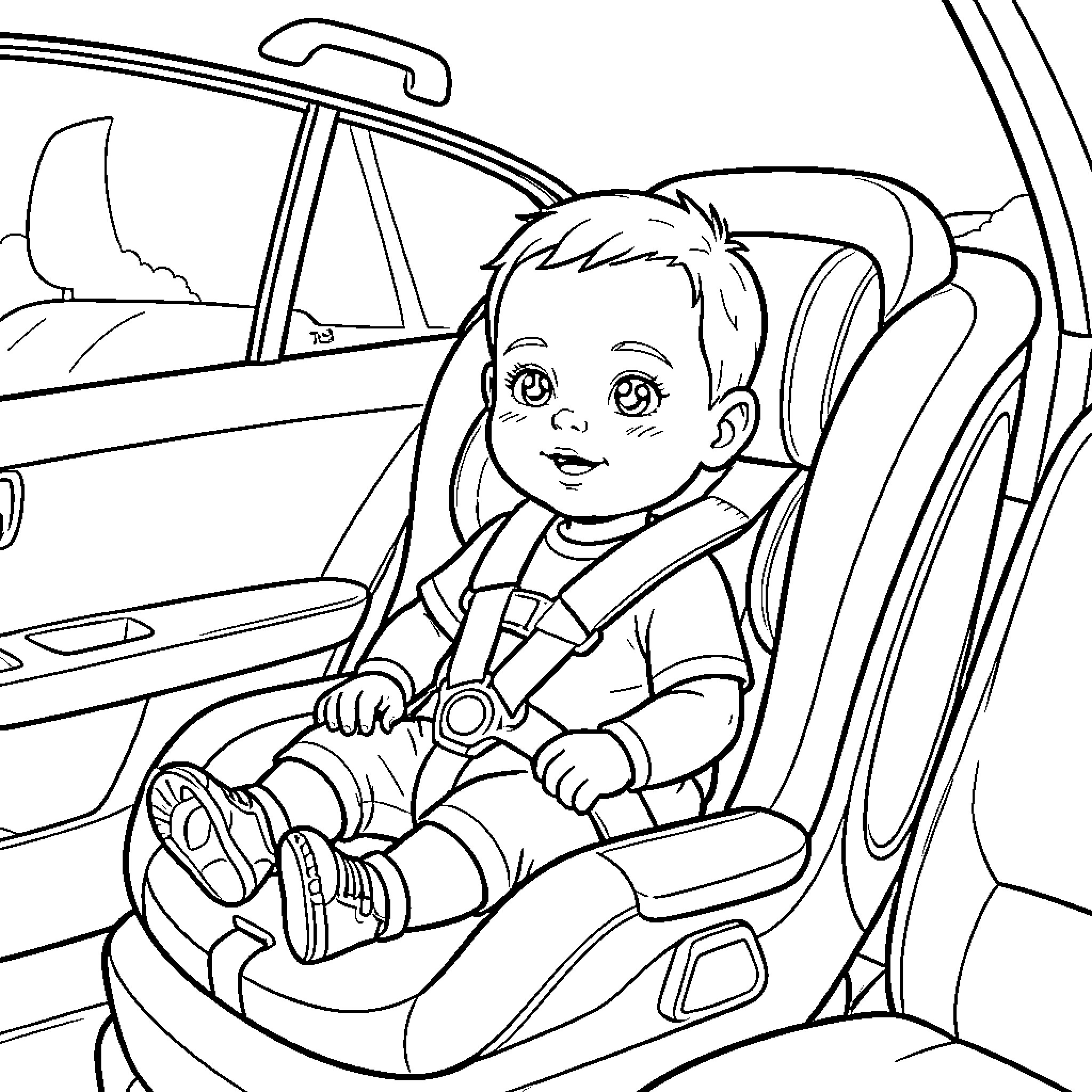 Baby sitting safely in a car seat Coloring Page (free black-and-white line drawing printable PDF for all, from beginners to advanced learners, including children, teens, adults, and seniors)