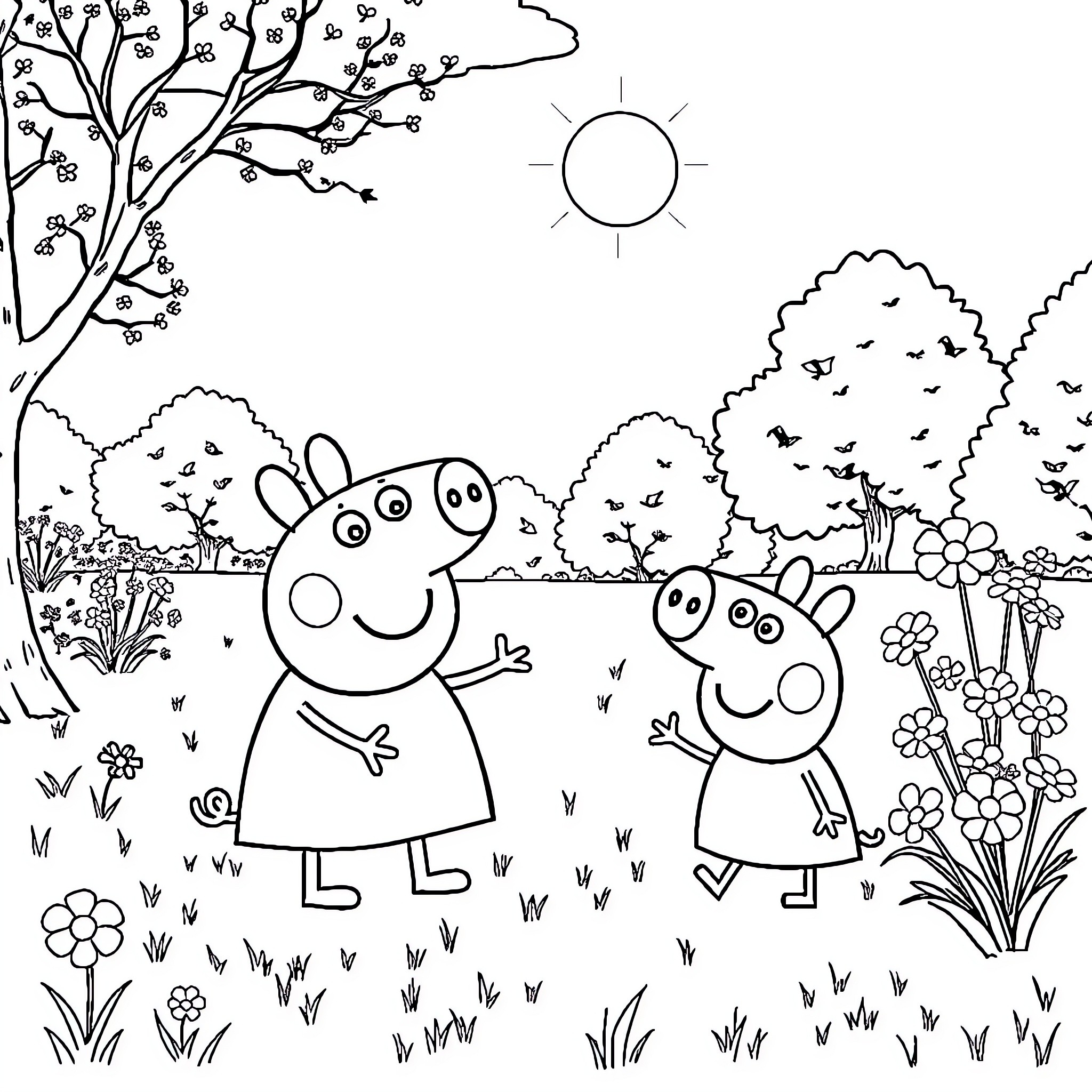 Peppa Pig and friends enjoy a sunny day outdoors Coloring Page (free black-and-white line drawing printable PDF for all, from beginners to advanced learners, including children, teens, adults, and seniors)