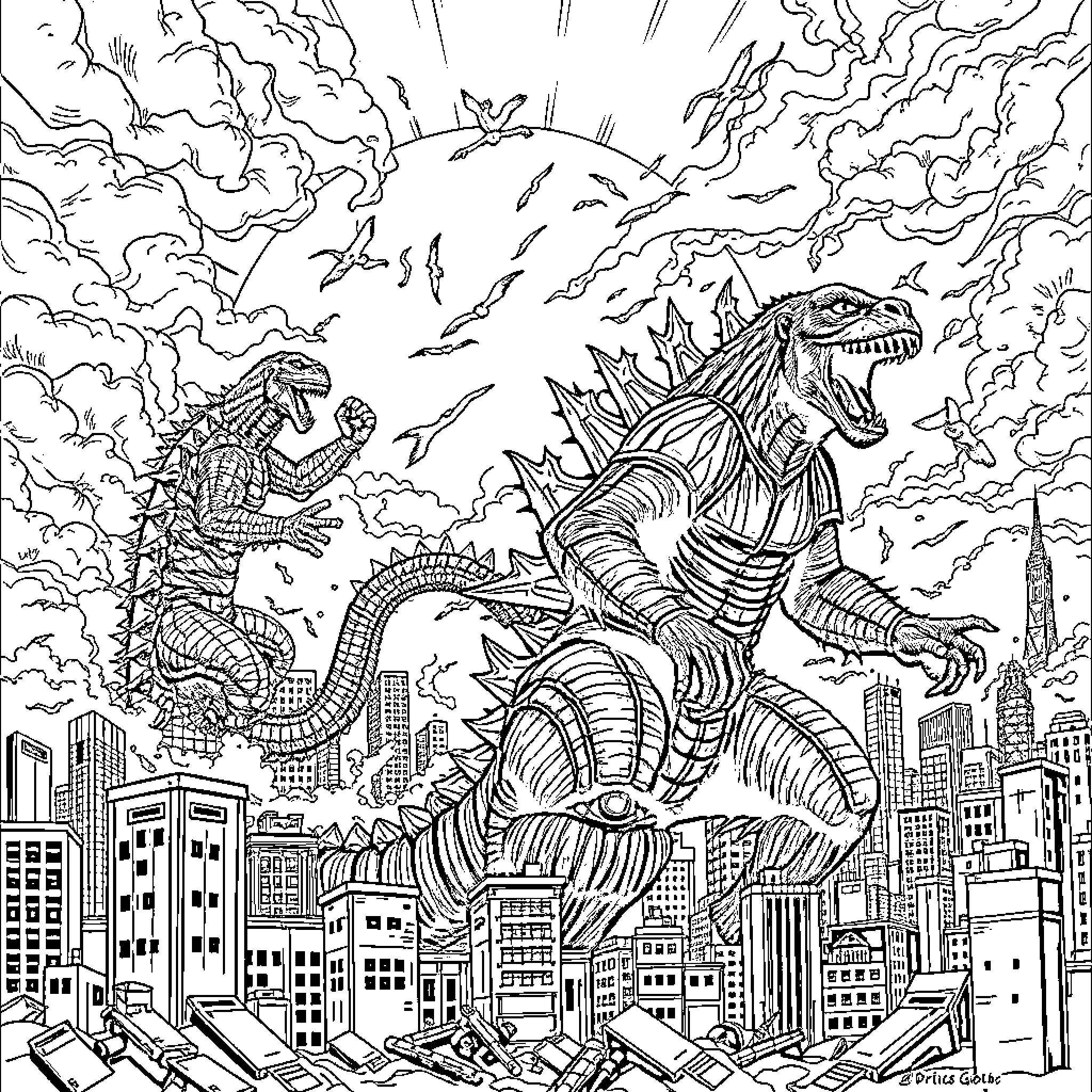 King Kong-like Kaiju Monsters Rampage Through the City Coloring Page (free black-and-white line drawing printable PDF for all, from beginners to advanced learners, including children, teens, adults, and seniors)
