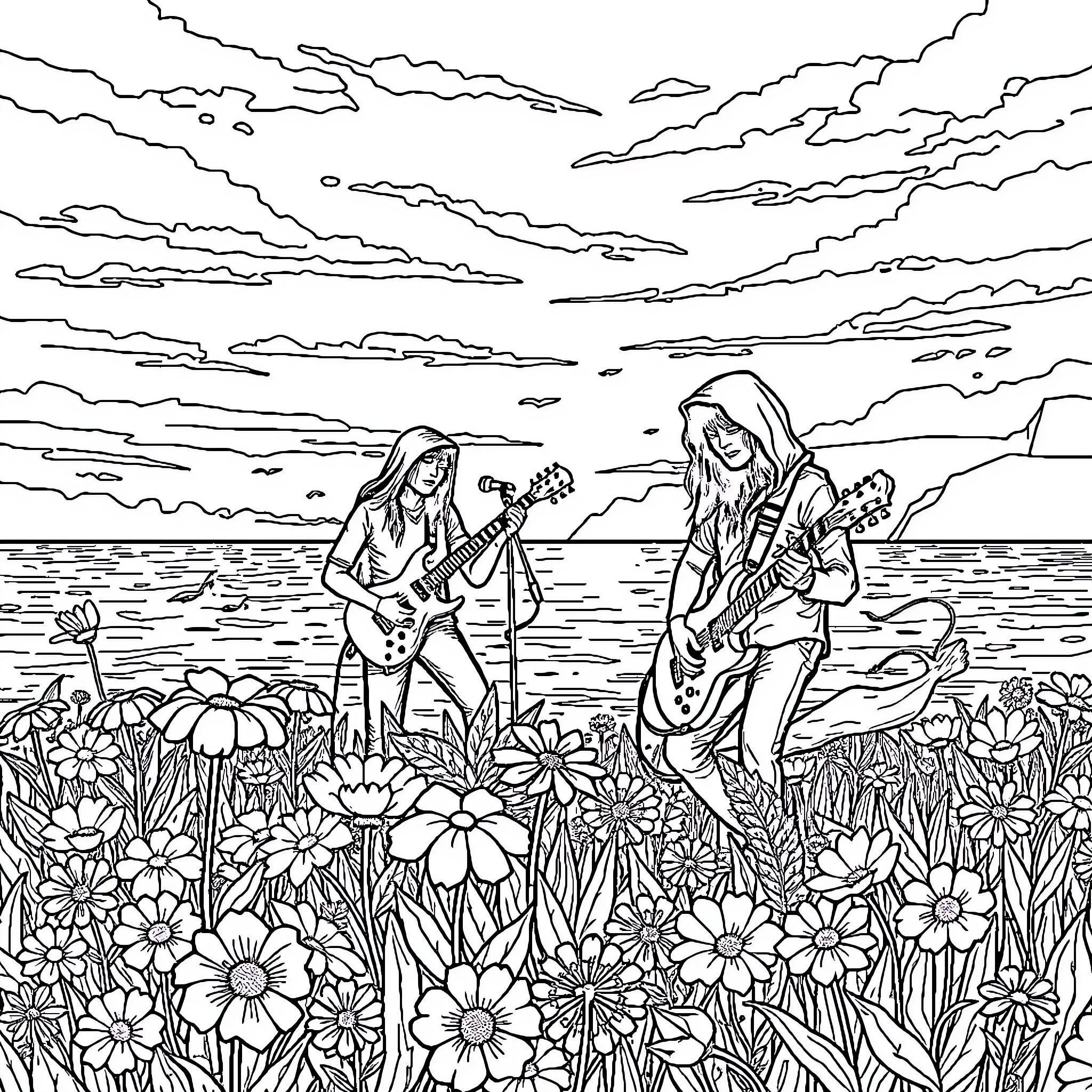 Band performing outdoors on the beach with flowers Coloring Page (free black-and-white line drawing printable PDF for all, from beginners to advanced learners, including children, teens, adults, and seniors)