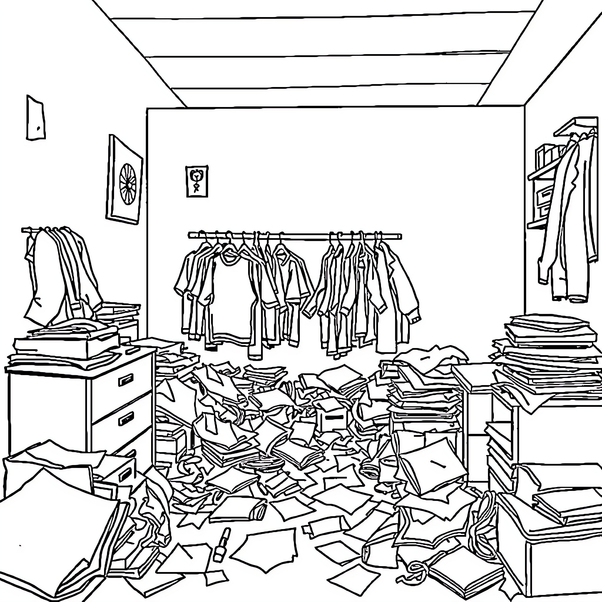 Mess of scattered clothing and belongings in closet Coloring Page (free black-and-white line drawing printable PDF for all, from beginners to advanced learners, including children, teens, adults, and seniors)