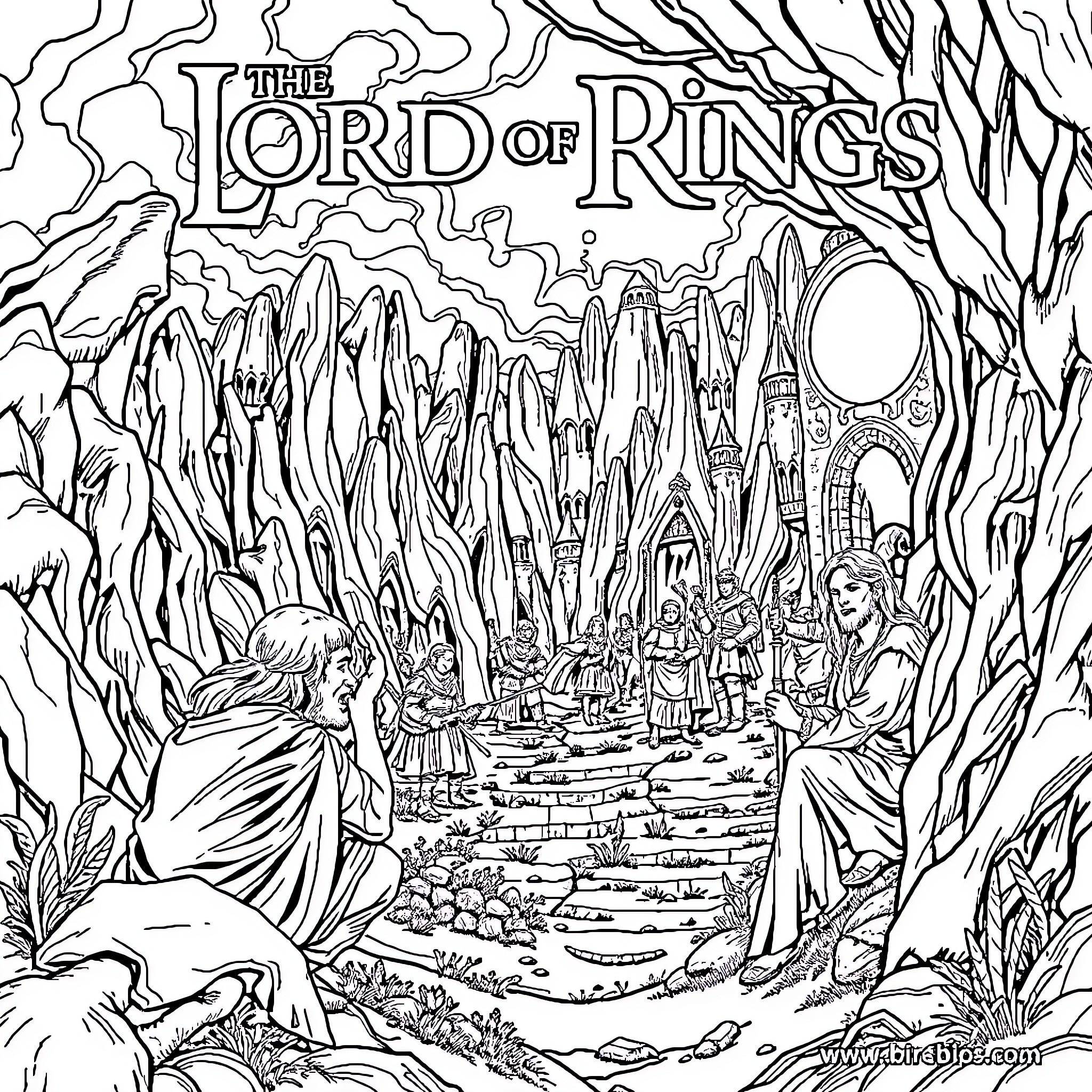 Lord of the Rings: Journey through the Enchanted Realm Coloring Page (free black-and-white line drawing printable PDF for all, from beginners to advanced learners, including children, teens, adults, and seniors)