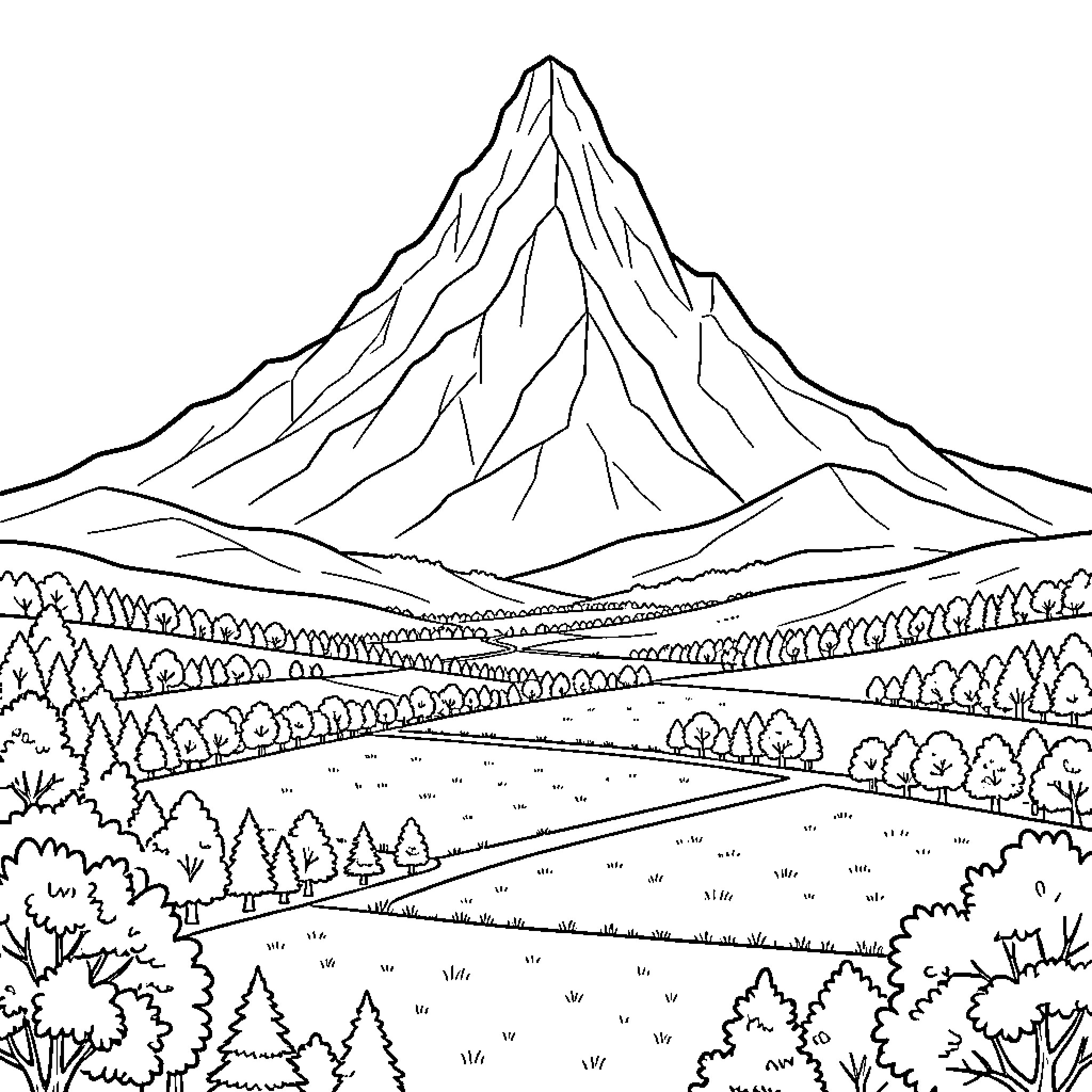 Mountain rising above a peaceful valley of trees Coloring Page (free black-and-white line drawing printable PDF for all, from beginners to advanced learners, including children, teens, adults, and seniors)