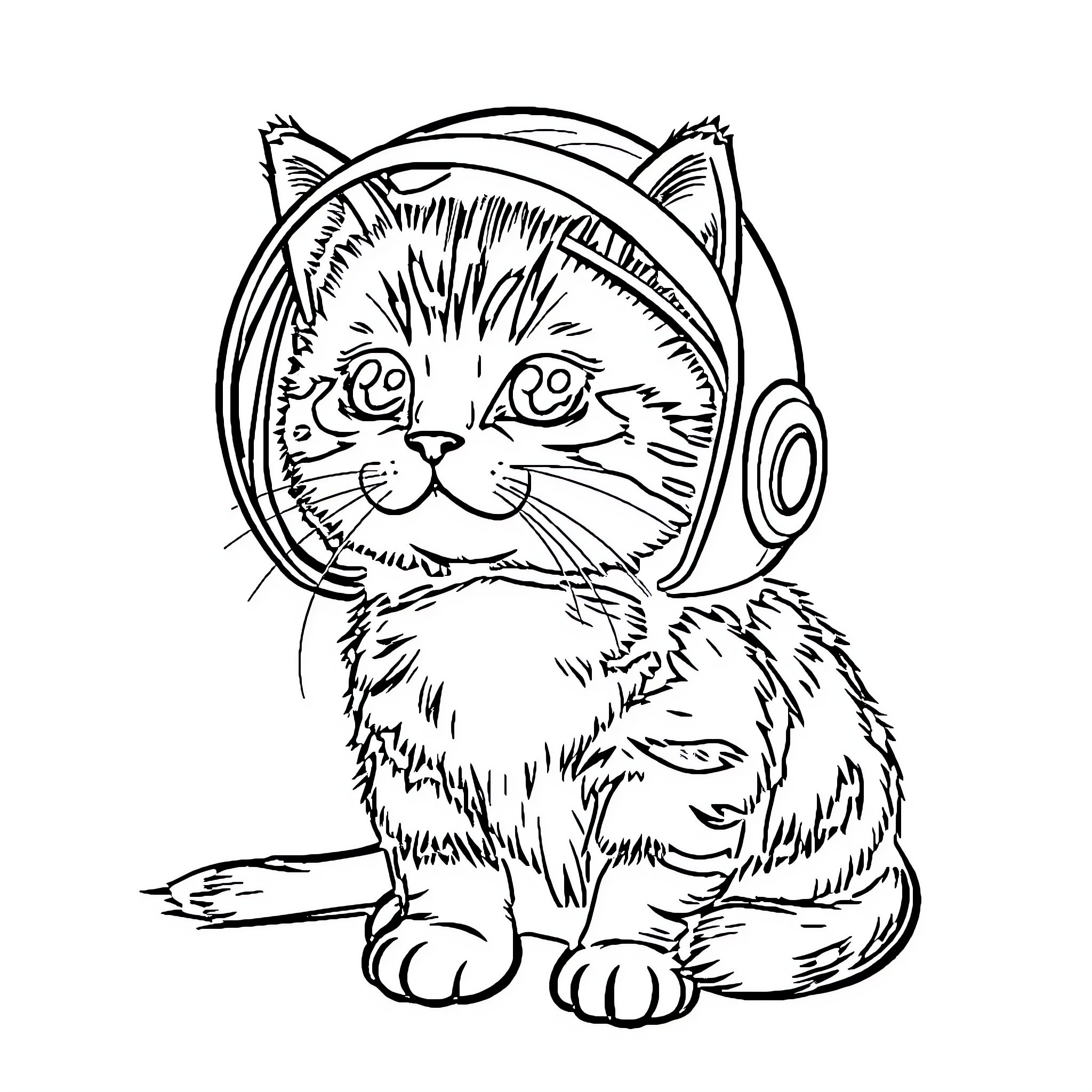 Cat wearing headphones and sitting Coloring Page (free black-and-white line drawing printable PDF for all, from beginners to advanced learners, including children, teens, adults, and seniors)