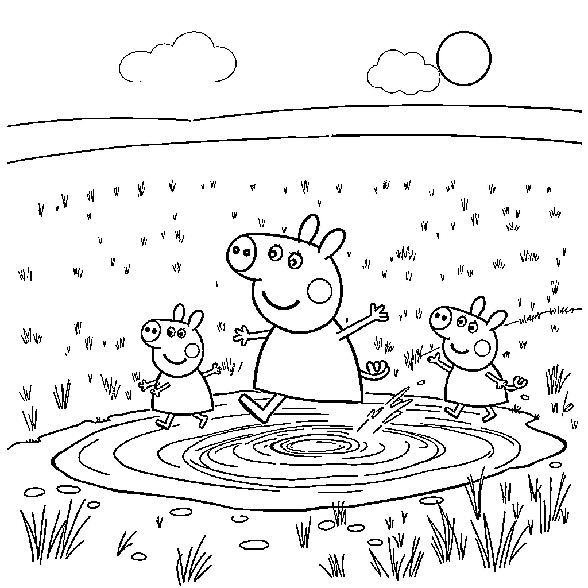 Peppa and her family playing together in nature Coloring Page (free black-and-white line drawing printable PDF for all, from beginners to advanced learners, including children, teens, adults, and seniors)
