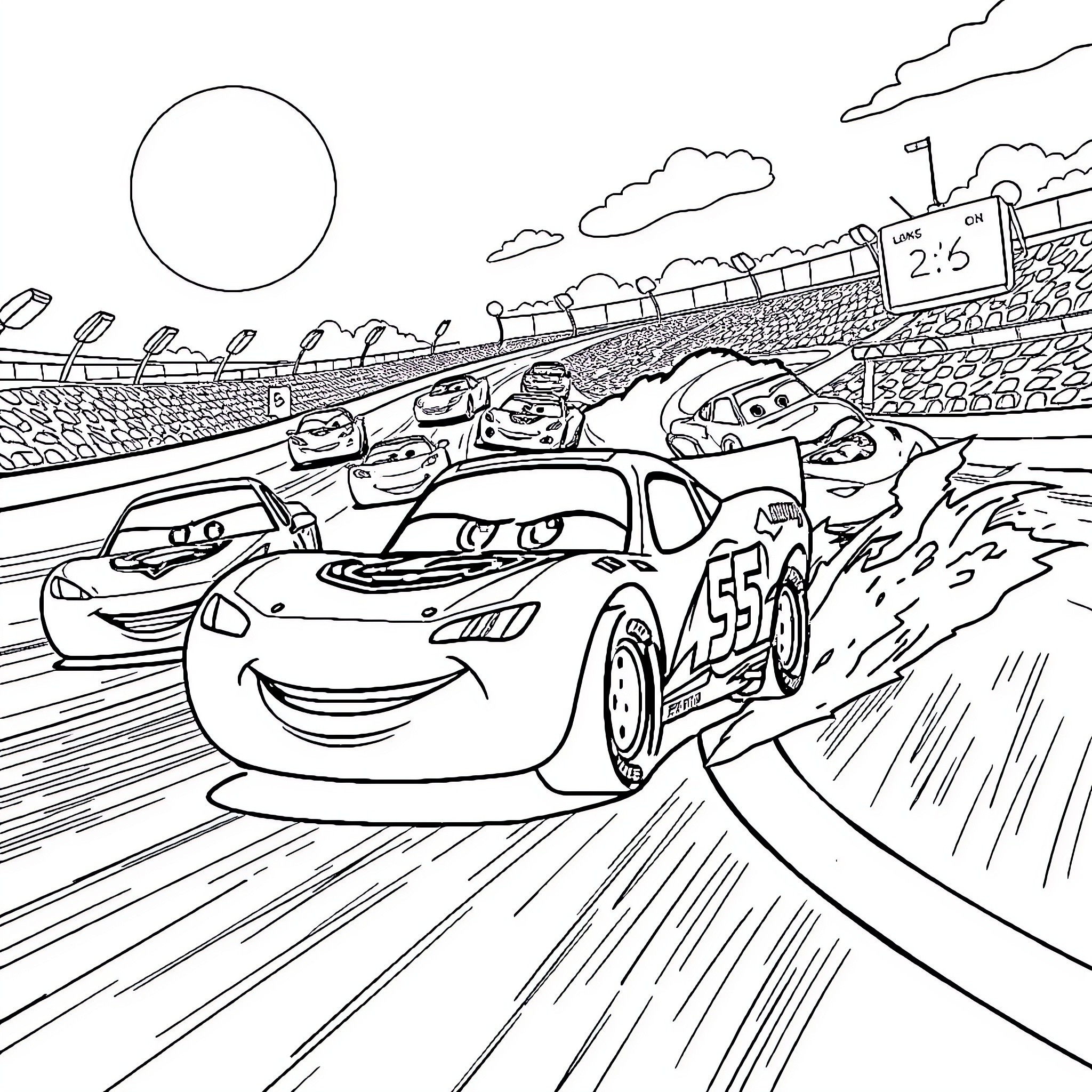Lightning McQueen racing on the track with friends Coloring Page (free black-and-white line drawing printable PDF for all, from beginners to advanced learners, including children, teens, adults, and seniors)