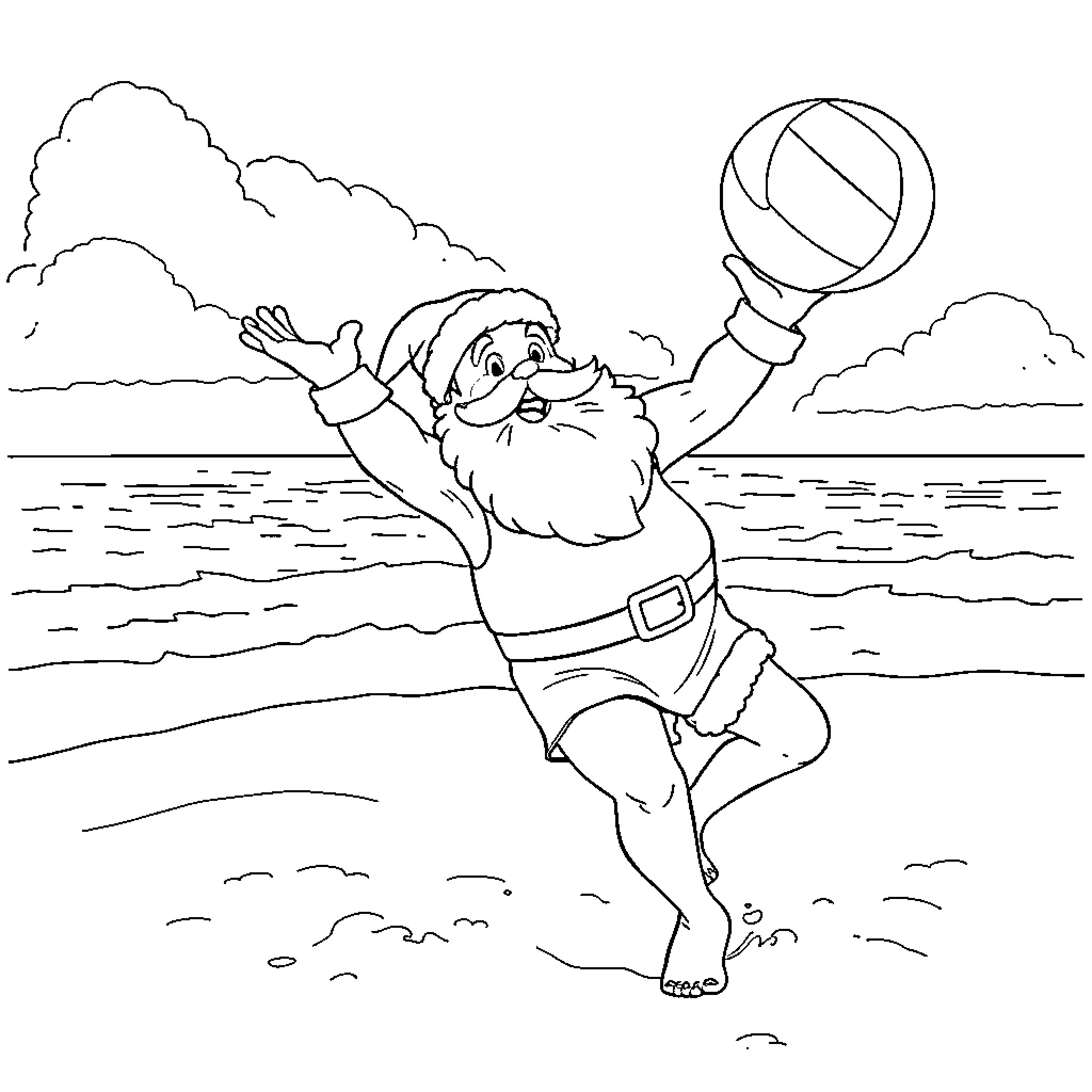 Santa playing on the beach with a volleyball Coloring Page (free black-and-white line drawing printable PDF for all, from beginners to advanced learners, including children, teens, adults, and seniors)