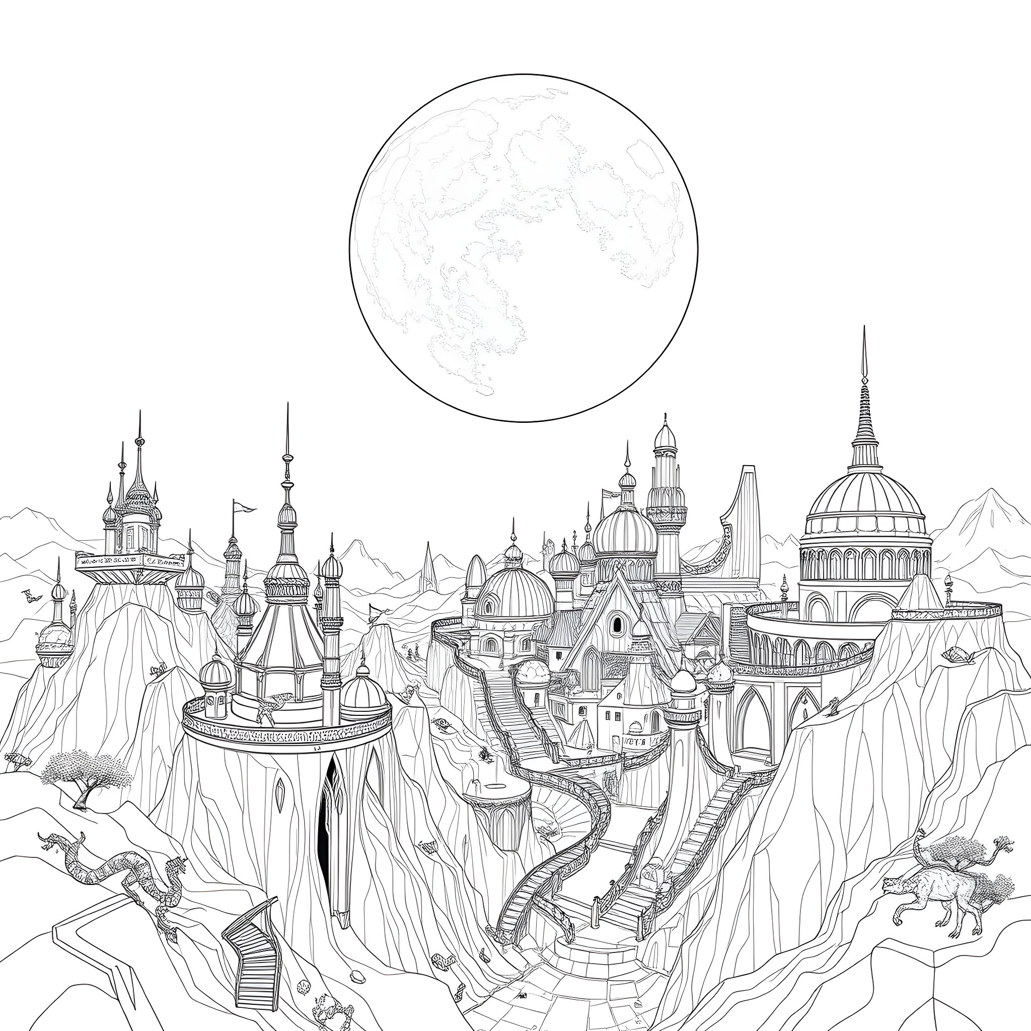 Moon Above Fantastical Village Cityscape Coloring Page (free black-and-white line drawing printable PDF for all, from beginners to advanced learners, including children, teens, adults, and seniors)