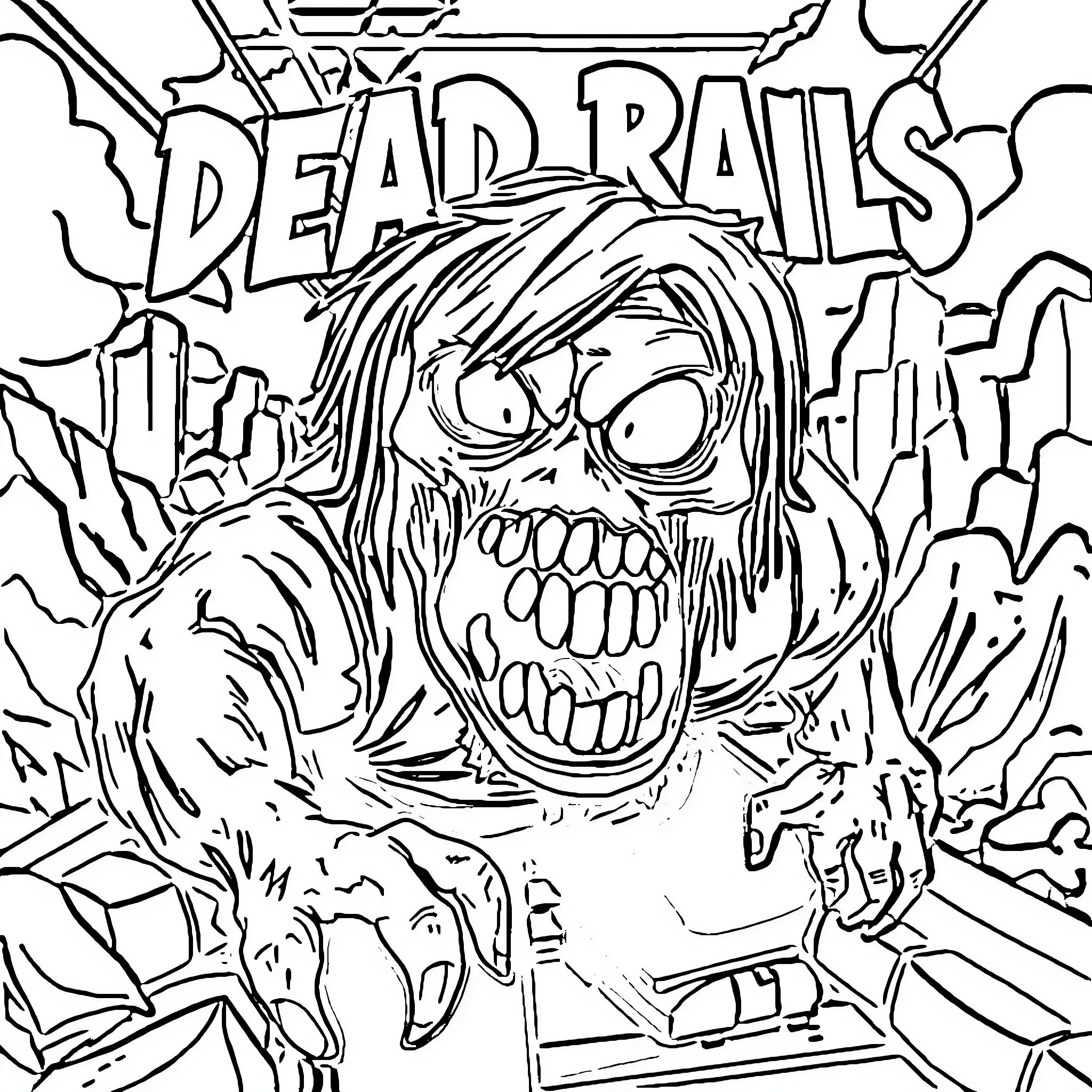 Zombie Dead Rails Coloring Page (free black-and-white line drawing printable PDF for all, from beginners to advanced learners, including children, teens, adults, and seniors)