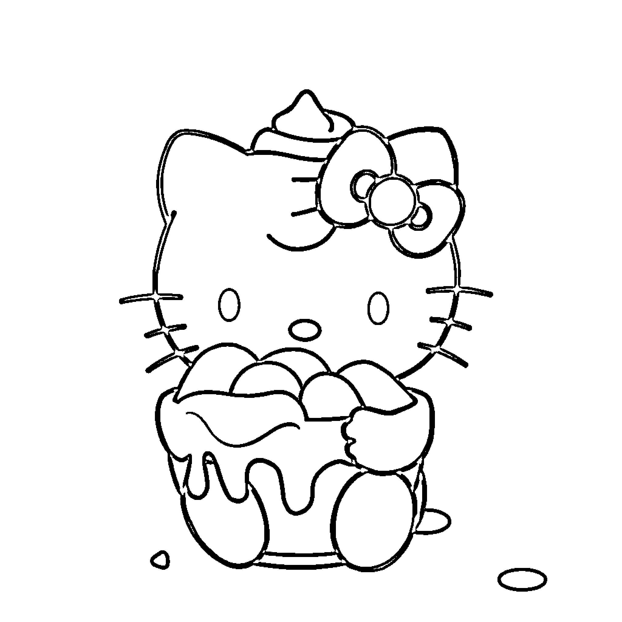 Hello Kitty enjoying a cupcake treat Coloring Page (free black-and-white line drawing printable PDF for all, from beginners to advanced learners, including children, teens, adults, and seniors)