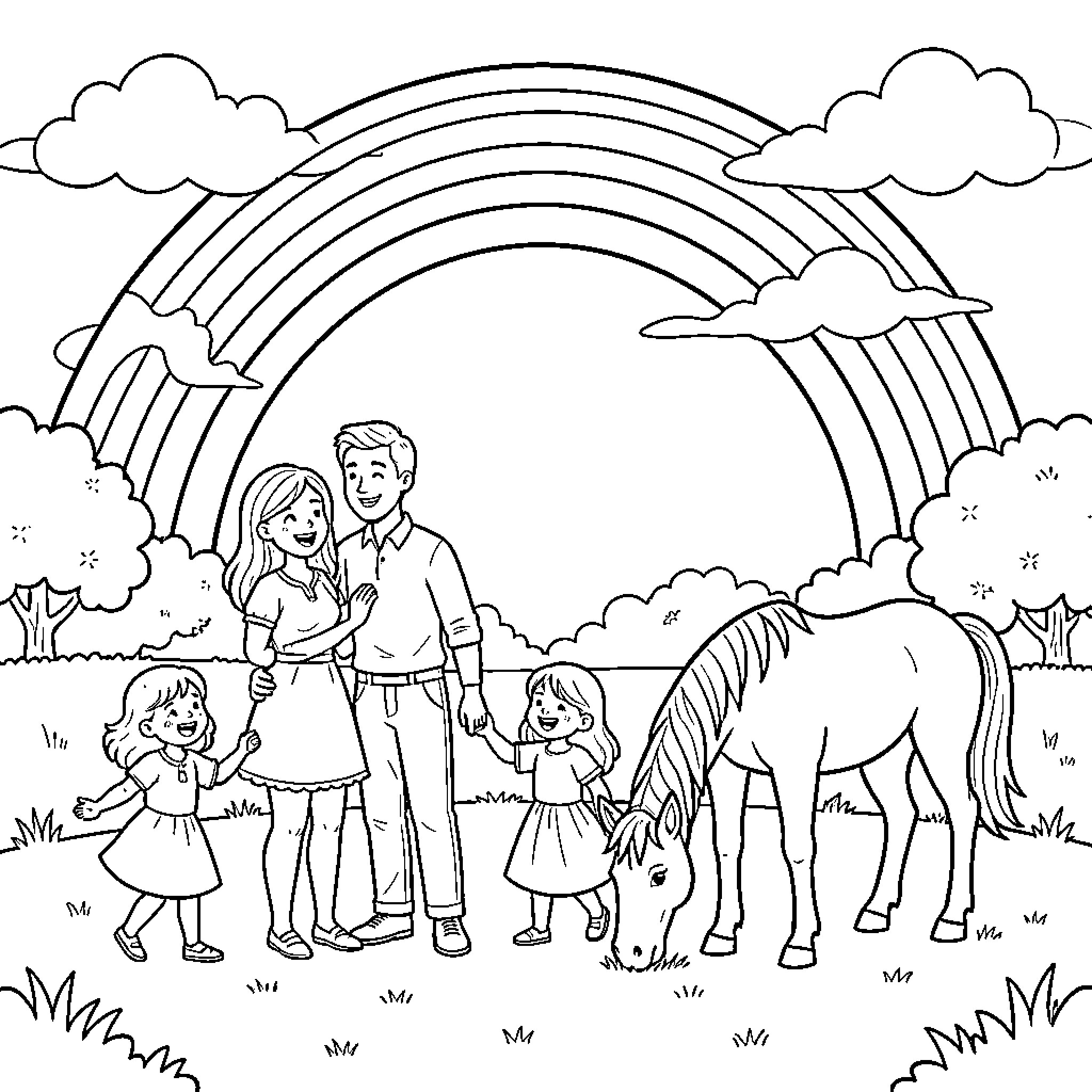 Rainbow Family Enjoying Nature Together Coloring Page (free black-and-white line drawing printable PDF for all, from beginners to advanced learners, including children, teens, adults, and seniors)