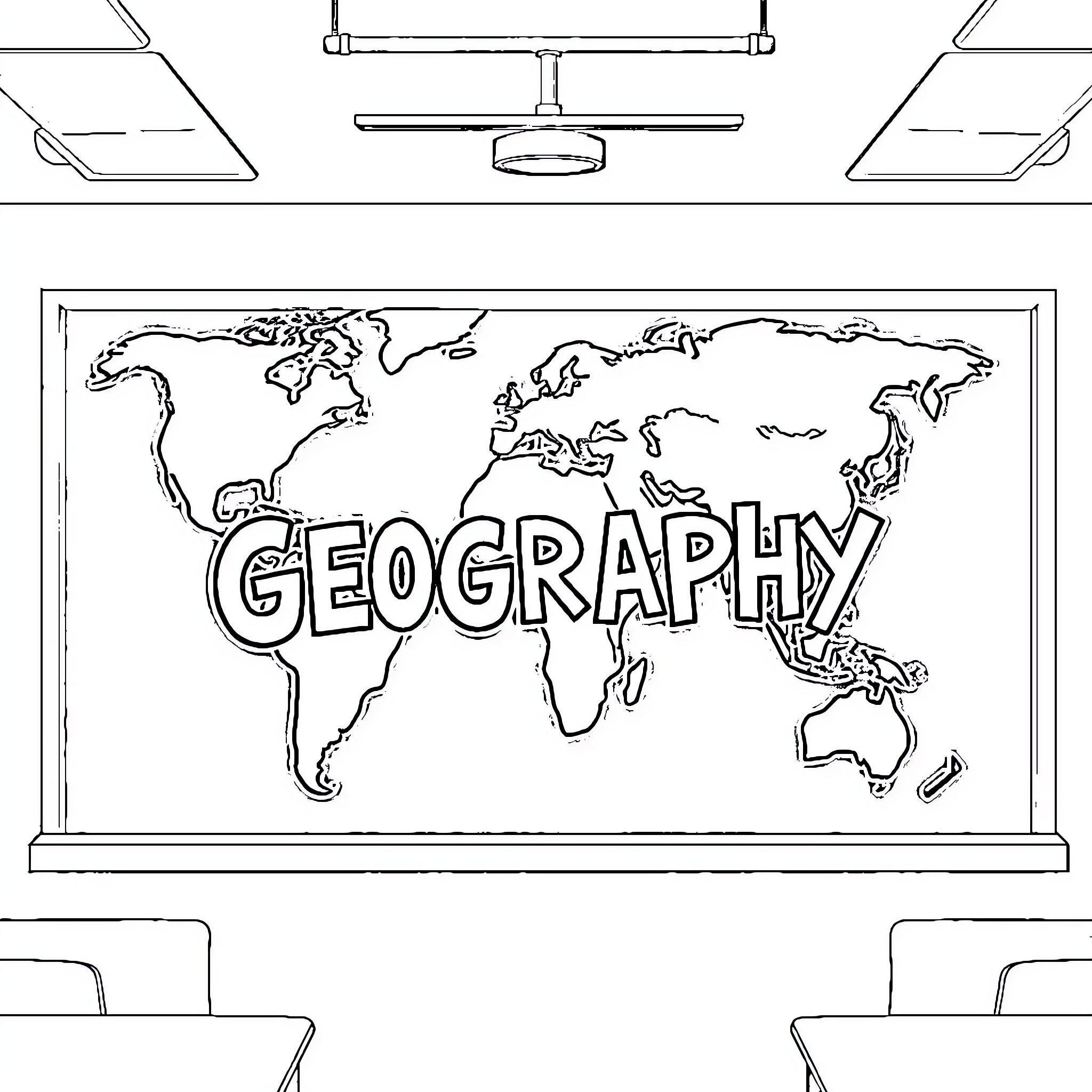 Geography map displayed on classroom board Coloring Page (free black-and-white line drawing printable PDF for all, from beginners to advanced learners, including children, teens, adults, and seniors)