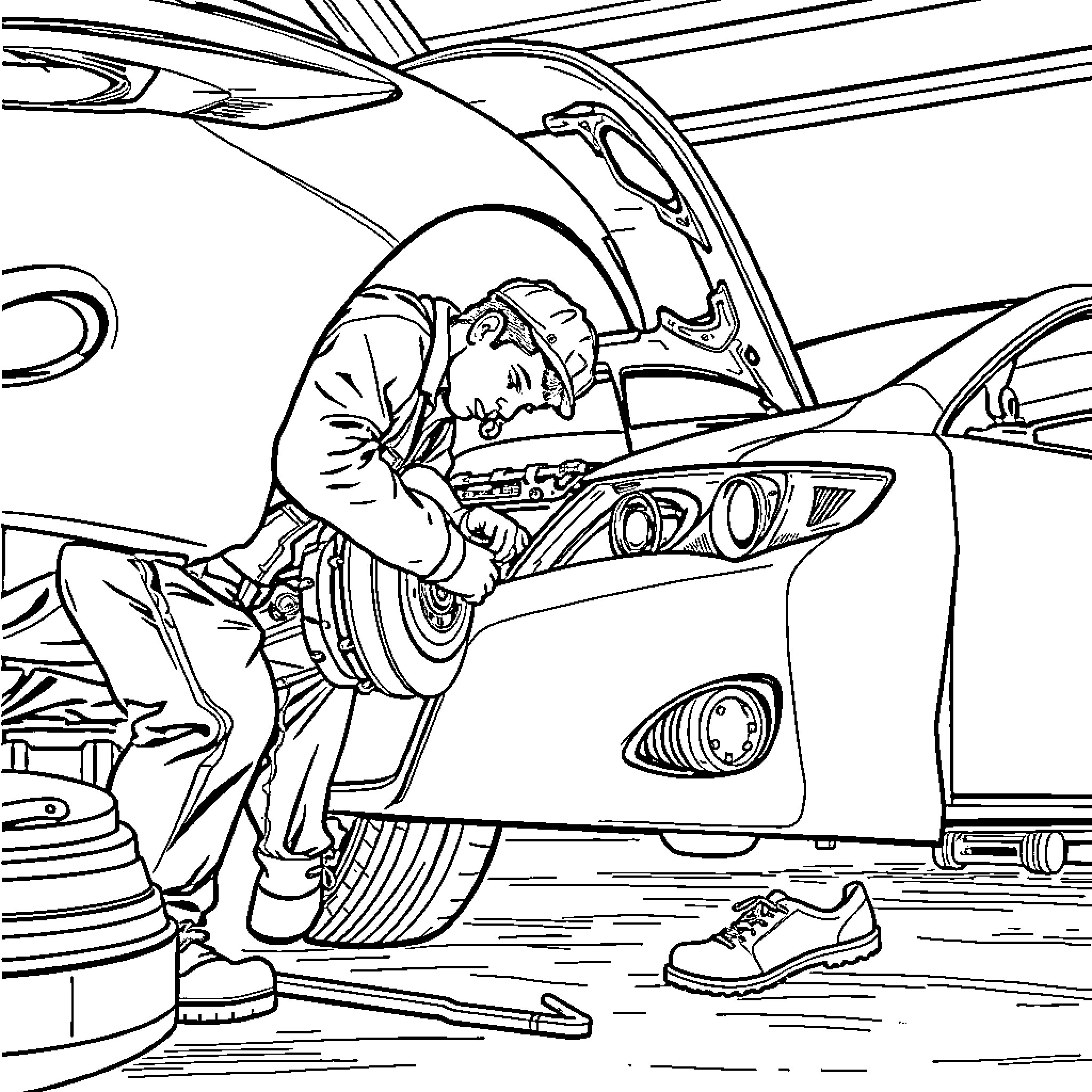 Car mechanic at work servicing a vehicle Coloring Page (free black-and-white line drawing printable PDF for all, from beginners to advanced learners, including children, teens, adults, and seniors)
