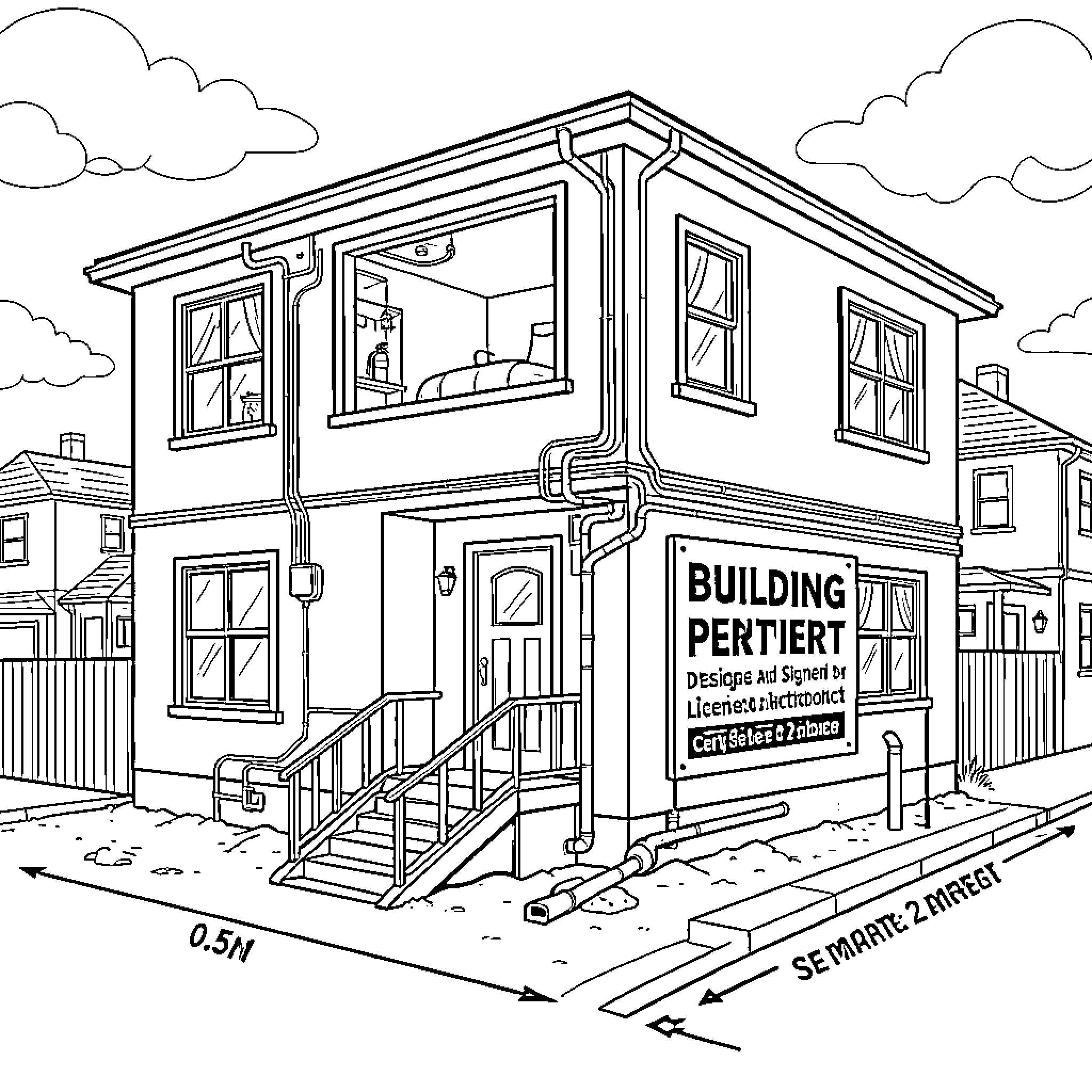 Building with Detailed Architectural Design Coloring Page (free black-and-white line drawing printable PDF for all, from beginners to advanced learners, including children, teens, adults, and seniors)