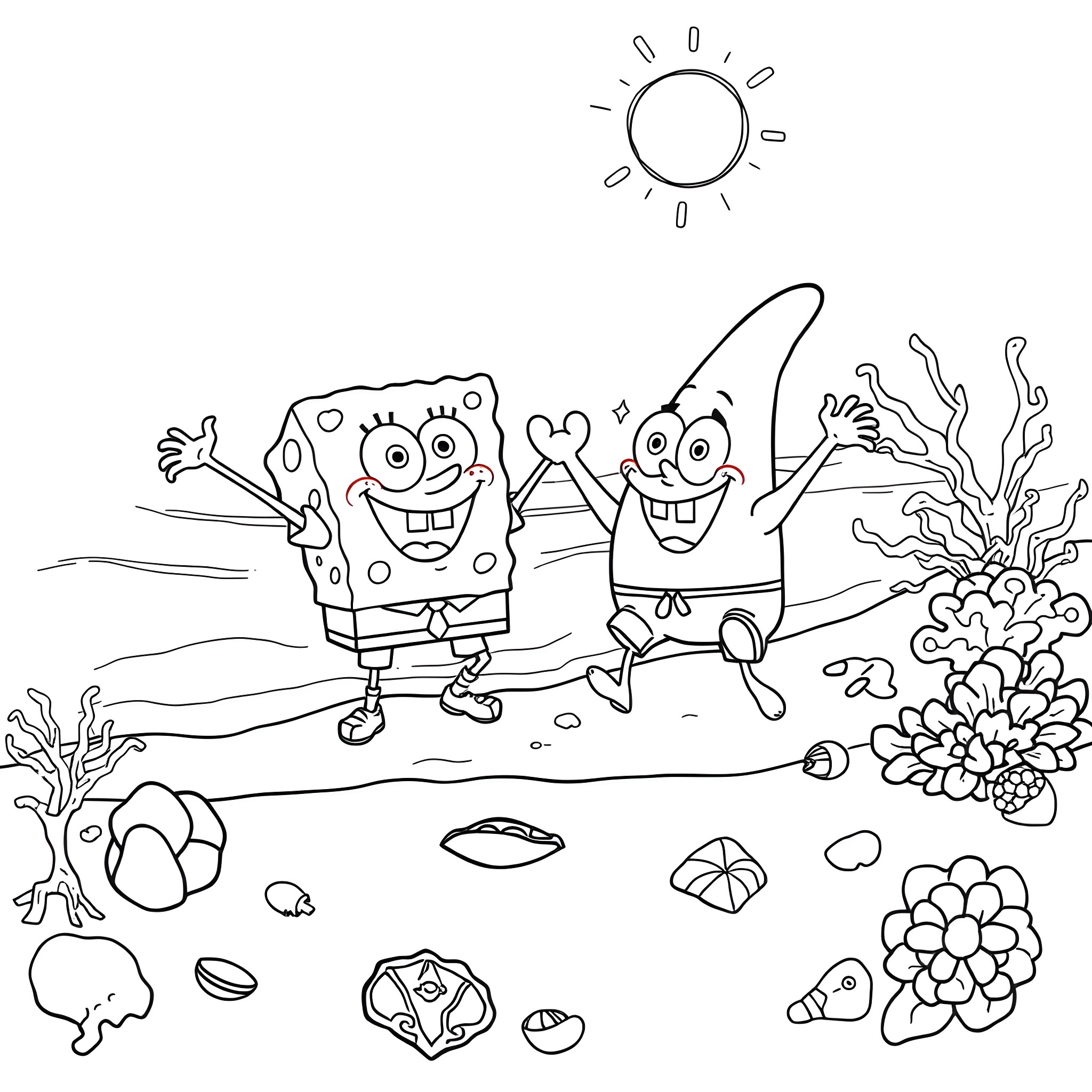 Spongebob and Patrick playing happily on the beach Coloring Page (free black-and-white line drawing printable PDF for all, from beginners to advanced learners, including children, teens, adults, and seniors)