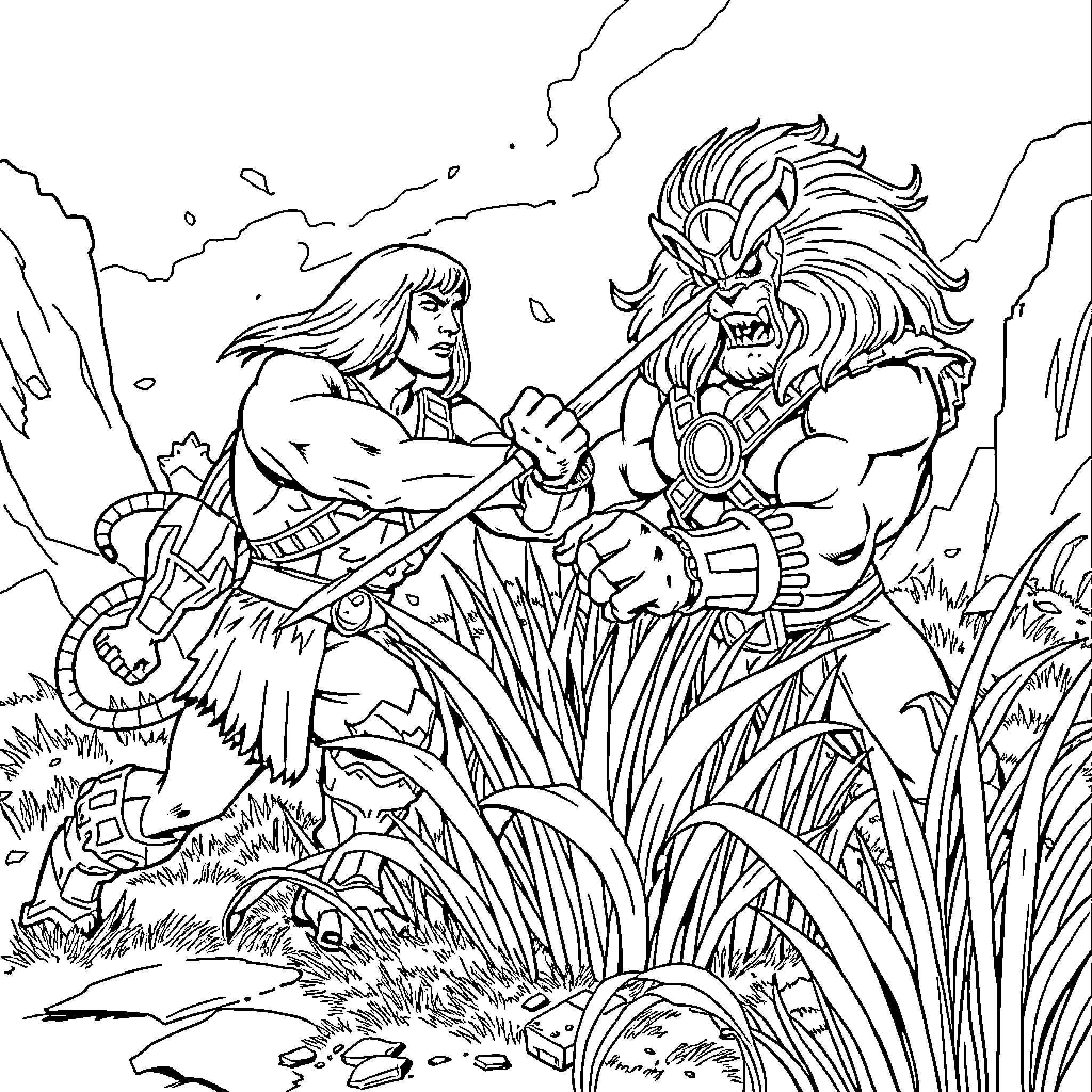 He-Man fighting a monstrous beast in the wilderness Coloring Page (free black-and-white line drawing printable PDF for all, from beginners to advanced learners, including children, teens, adults, and seniors)