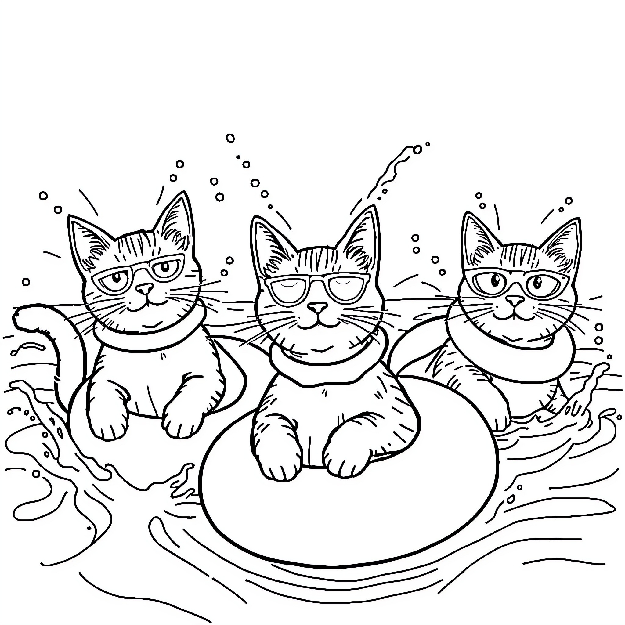 Cats in Glasses Having Fun Coloring Page (free black-and-white line drawing printable PDF for all, from beginners to advanced learners, including children, teens, adults, and seniors)