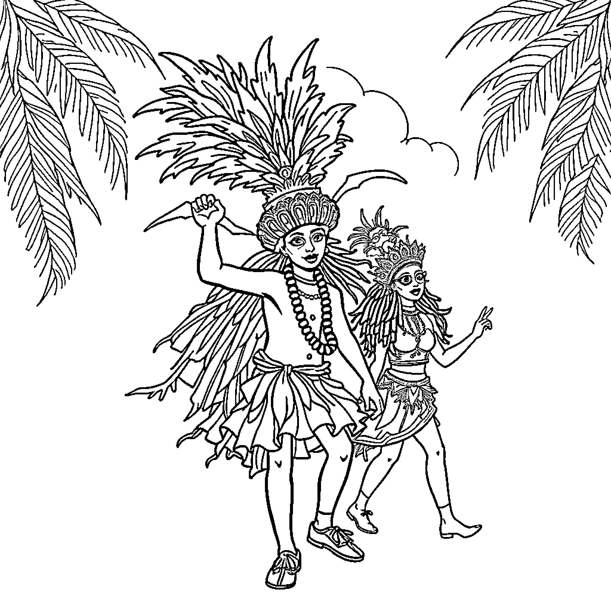 Carnival dancers in traditional costumes Coloring Page (free black-and-white line drawing printable PDF for all, from beginners to advanced learners, including children, teens, adults, and seniors)