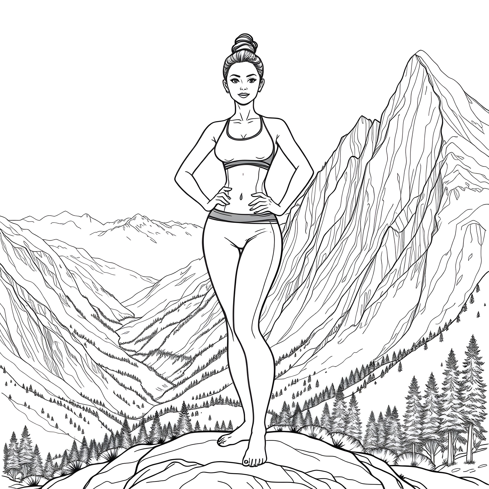 Woman standing confidently in mountain landscape Coloring Page (free black-and-white line drawing printable PDF for all, from beginners to advanced learners, including children, teens, adults, and seniors)