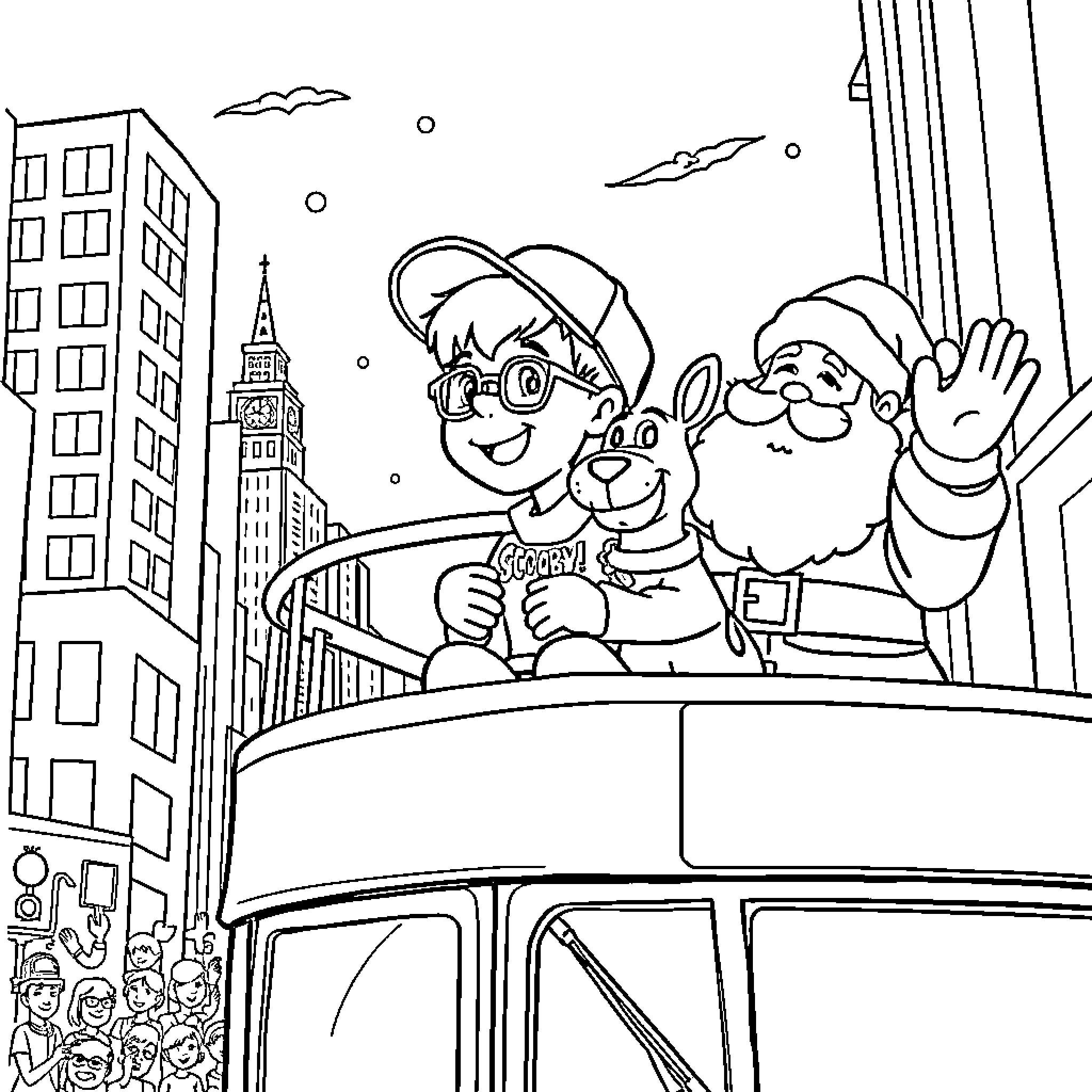 Boy riding a bus with a friendly dog in the city Coloring Page (free black-and-white line drawing printable PDF for all, from beginners to advanced learners, including children, teens, adults, and seniors)