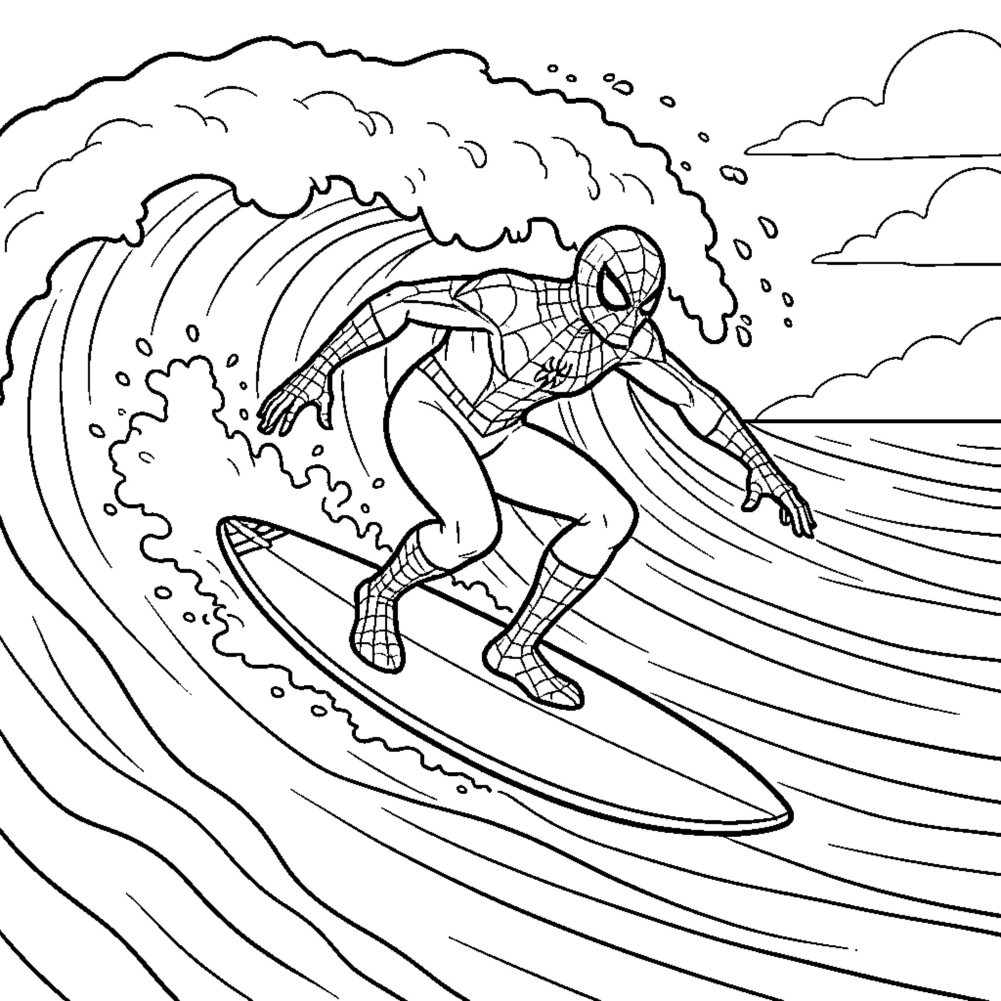 Spidey surfs the giant wave Coloring Page (free black-and-white line drawing printable PDF for all, from beginners to advanced learners, including children, teens, adults, and seniors)