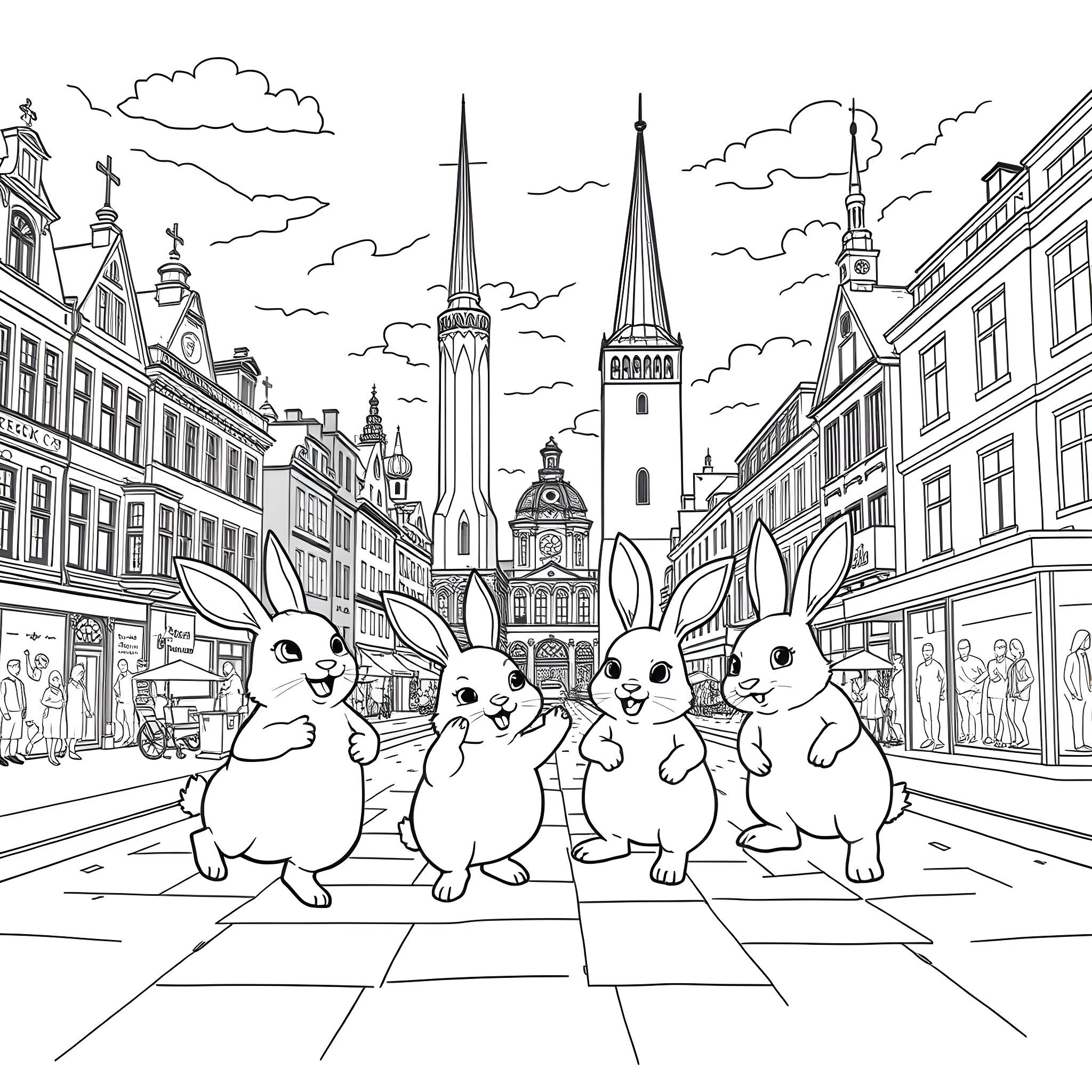 Rabbid bunnies exploring a whimsical city street Coloring Page (free black-and-white line drawing printable PDF for all, from beginners to advanced learners, including children, teens, adults, and seniors)