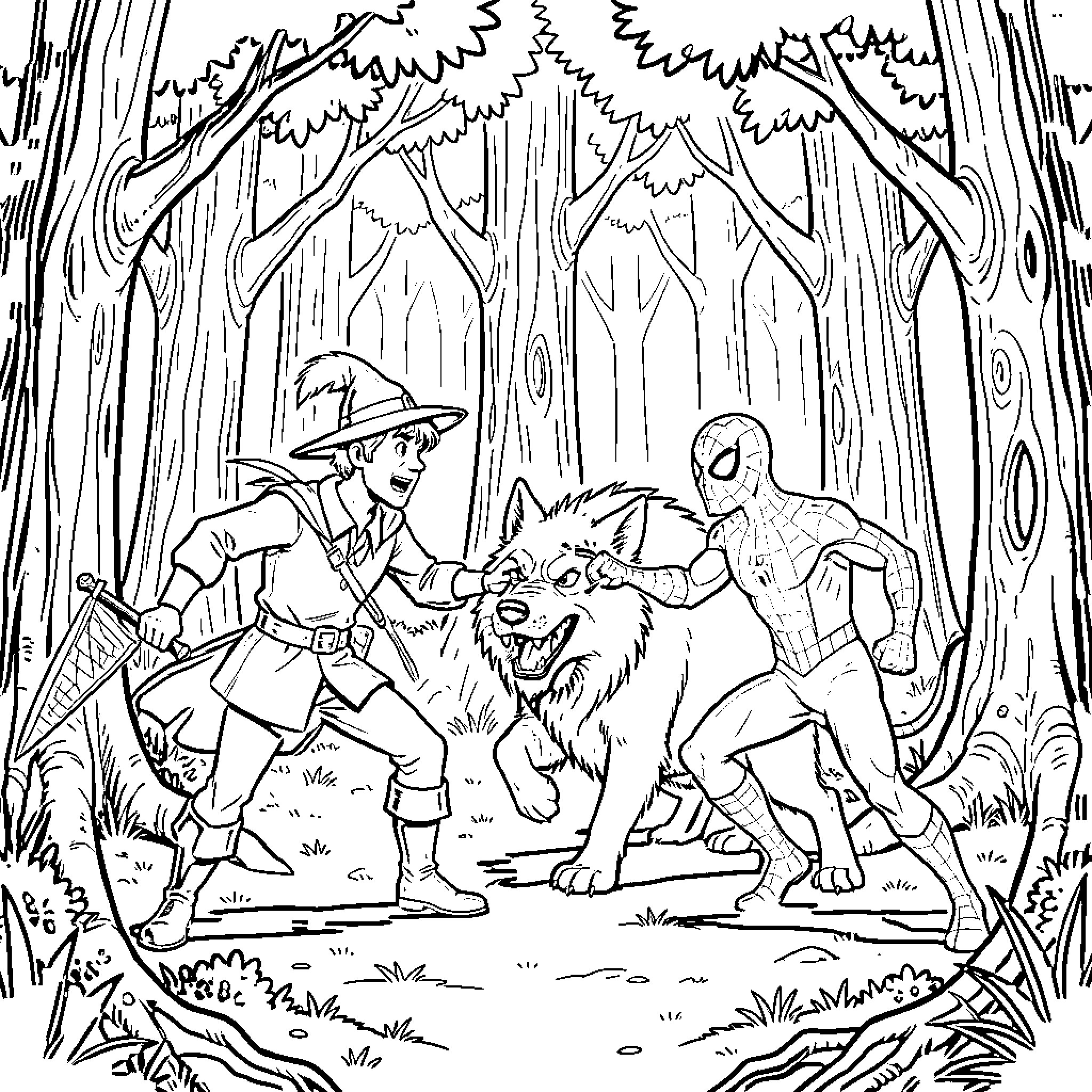 Robin Hood Encounters Spider-Man in the Enchanted Forest Coloring Page (free black-and-white line drawing printable PDF for all, from beginners to advanced learners, including children, teens, adults, and seniors)