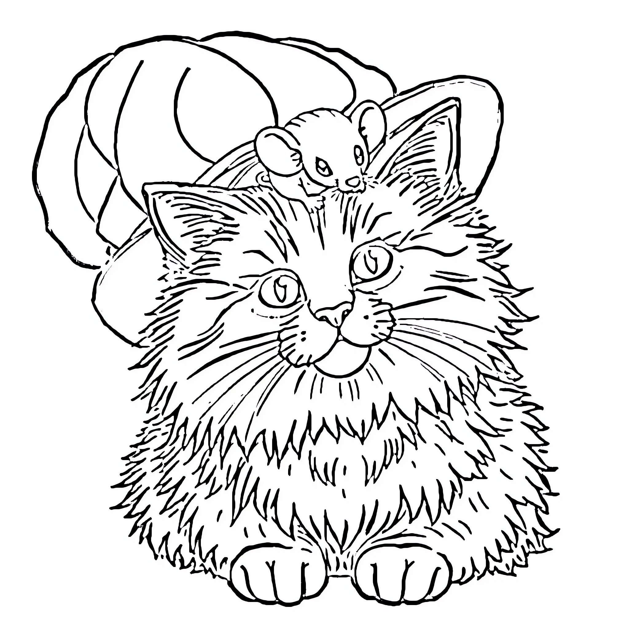 Cat snuggling with mouse in cozy environment Coloring Page (free black-and-white line drawing printable PDF for all, from beginners to advanced learners, including children, teens, adults, and seniors)