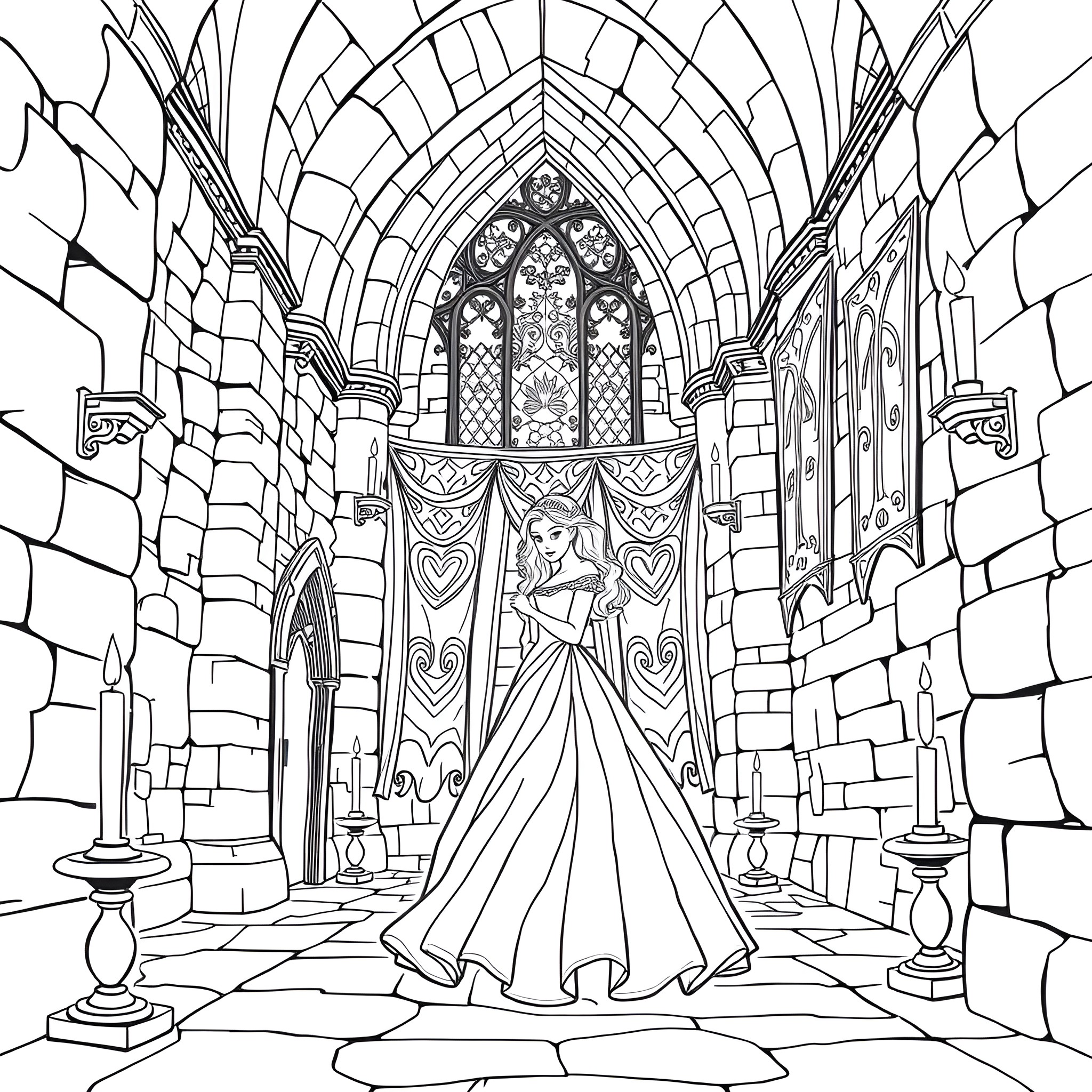 Princess in a Majestic Castle Hall Coloring Page (free black-and-white line drawing printable PDF for all, from beginners to advanced learners, including children, teens, adults, and seniors)