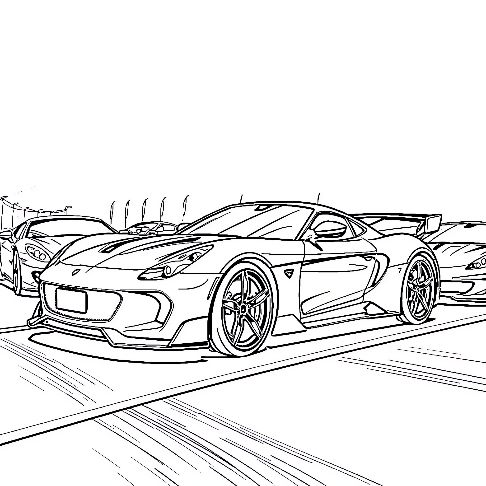 Sports Car Racing on the Circuit Coloring Page (free black-and-white line drawing printable PDF for all, from beginners to advanced learners, including children, teens, adults, and seniors)
