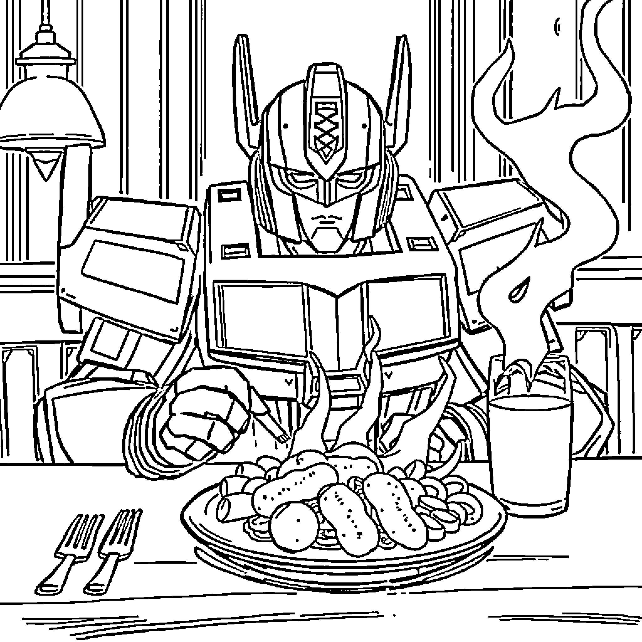 Optimus Prime enjoying a meal in his spaceship Coloring Page (free black-and-white line drawing printable PDF for all, from beginners to advanced learners, including children, teens, adults, and seniors)