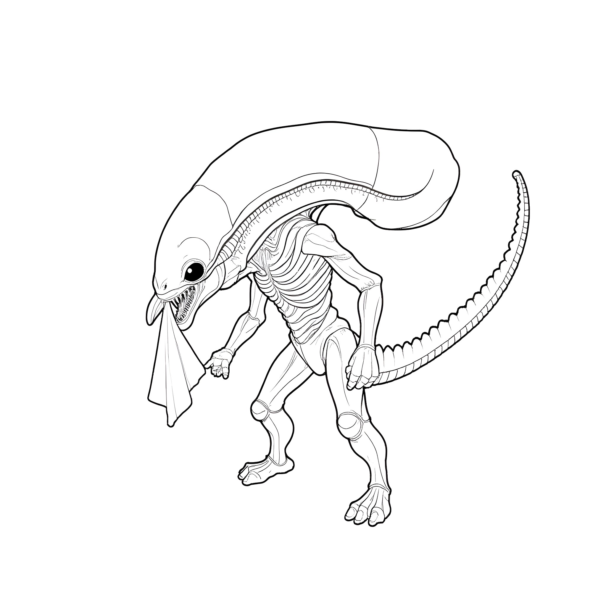 Xenomorph menacing figure in the darkness Coloring Page (free black-and-white line drawing printable PDF for all, from beginners to advanced learners, including children, teens, adults, and seniors)