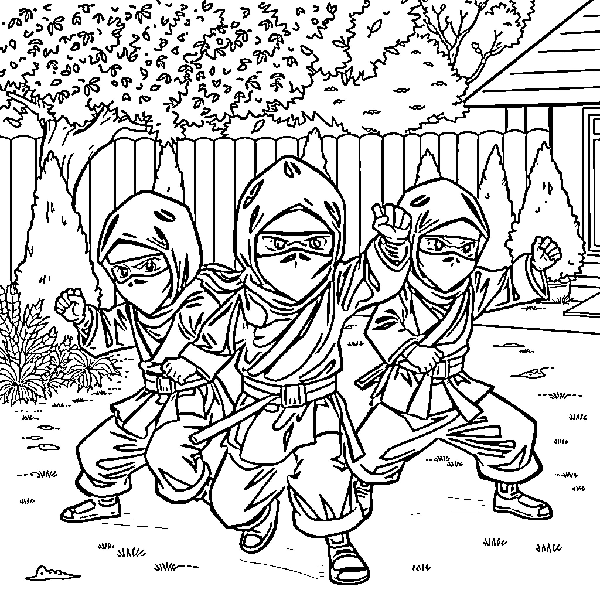 Ninja warriors in action pose at the village Coloring Page (free black-and-white line drawing printable PDF for all, from beginners to advanced learners, including children, teens, adults, and seniors)