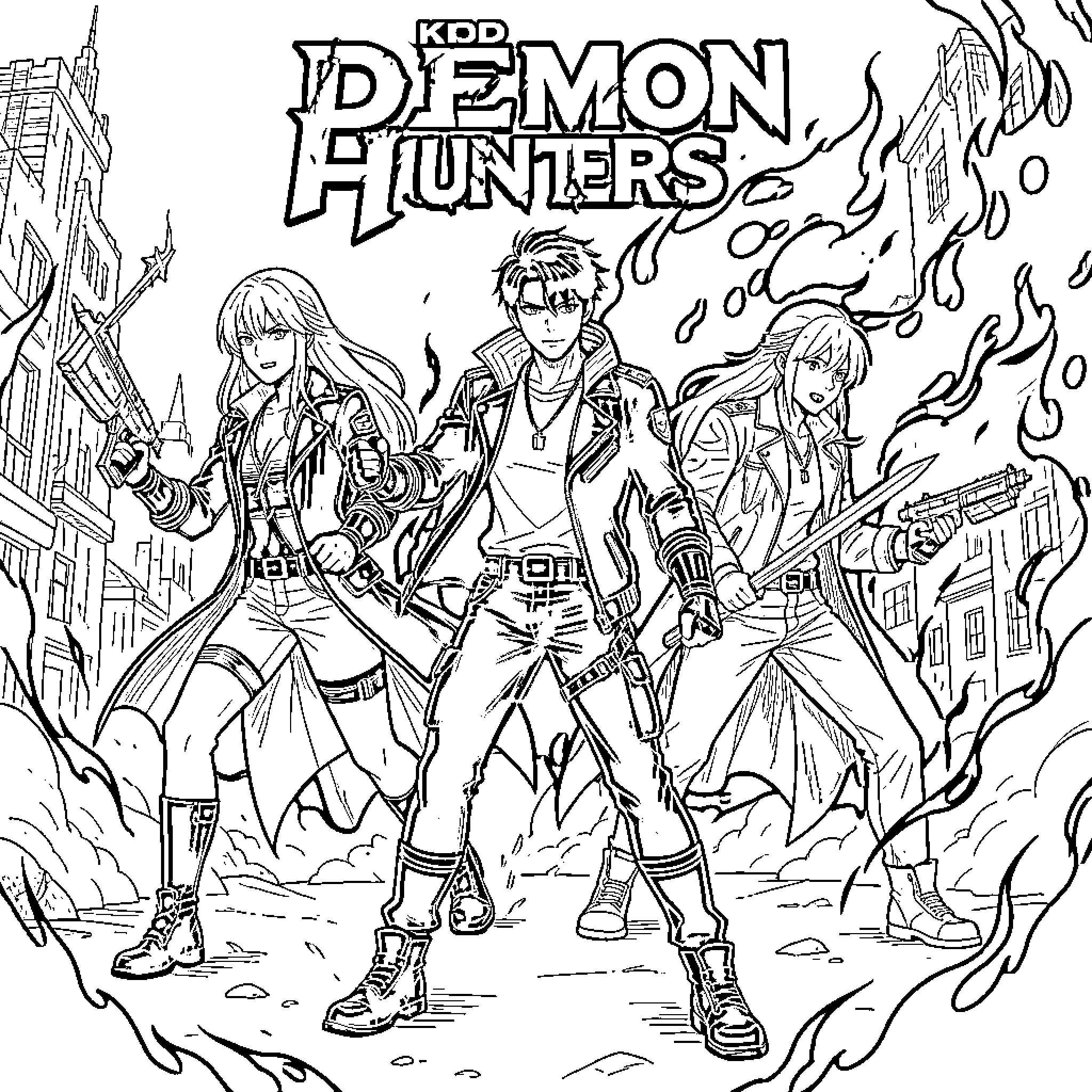 Kpop Demon Hunters in action against the supernatural Coloring Page (free black-and-white line drawing printable PDF for all, from beginners to advanced learners, including children, teens, adults, and seniors)