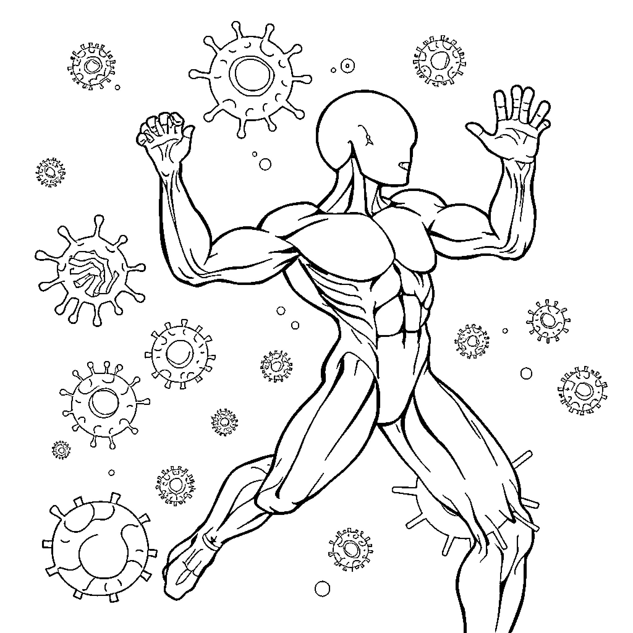 Muscle-Bound Hero Battling Coronavirus Particles Coloring Page (free black-and-white line drawing printable PDF for all, from beginners to advanced learners, including children, teens, adults, and seniors)